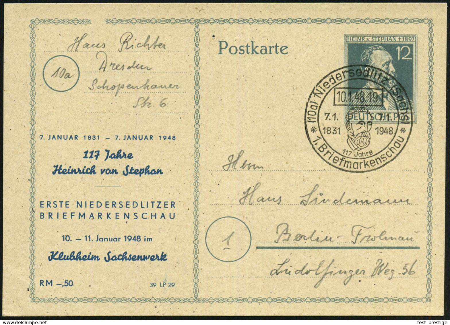 (10a) NIEDERSEDLITZ(Sachs)/ 1.Briefmarkenschau 1948 (10.1.) SSt = Kopfbild Stephan Auf Amtl. P 12 Pf. H.v.Stephan + Amtl - WPV (Weltpostverein)