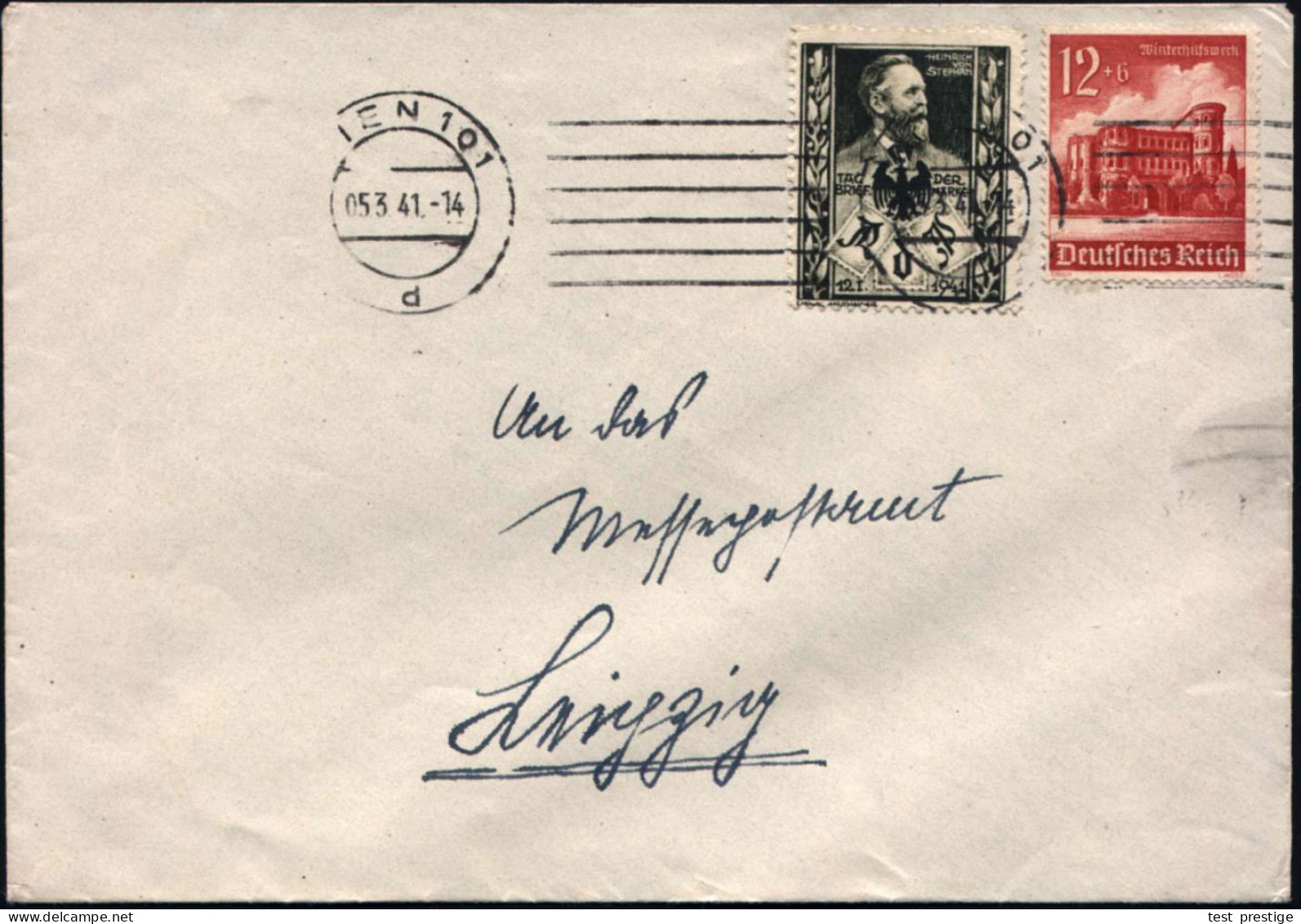 Wien 101 1941 (5.3.) Band-Ma.St Auf Schwarzgrüner Vignette "Heinrich V. Stephan" = Tag Der Briefmarke Mit Frankatur Saub - UPU (Unión Postal Universal)