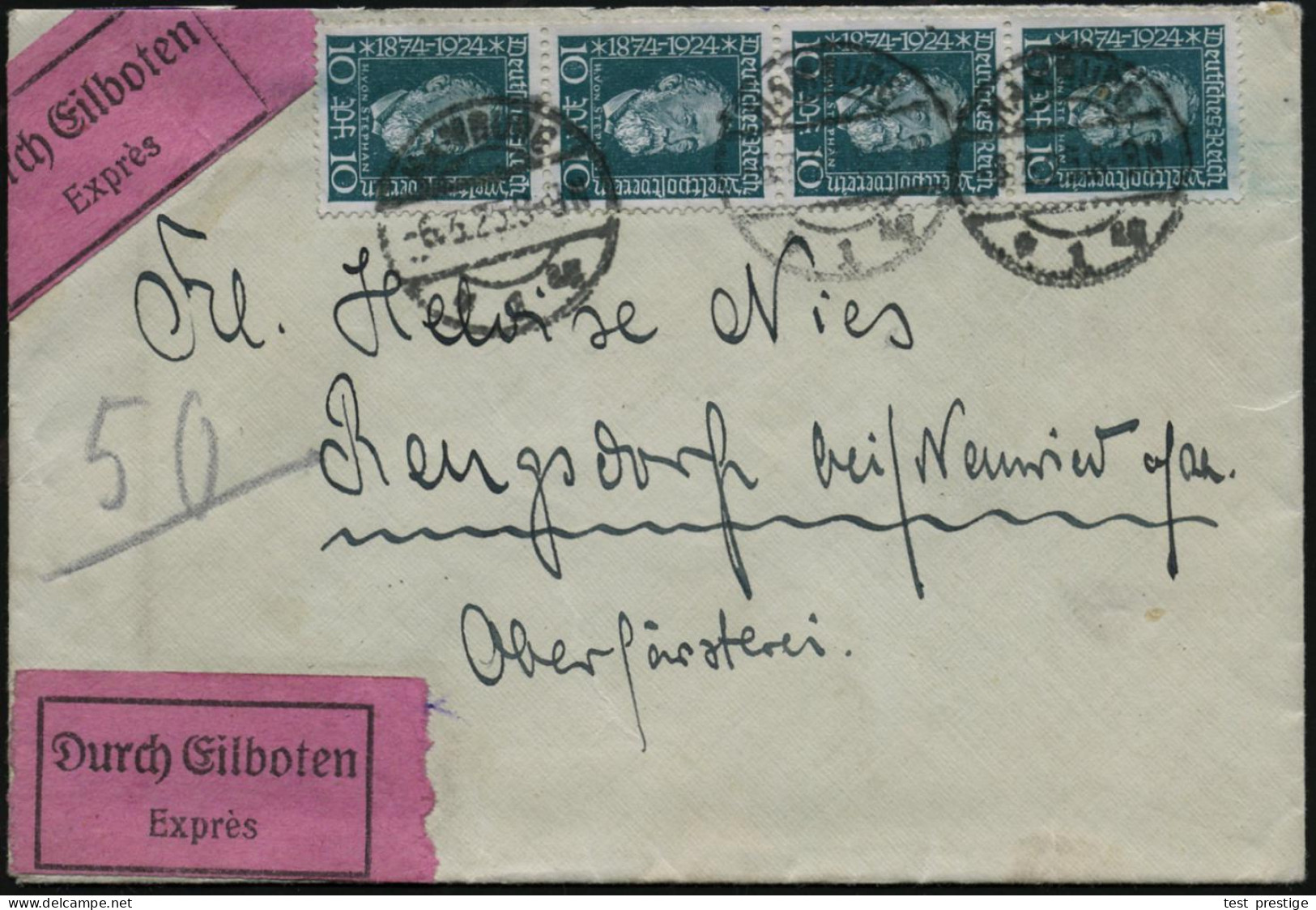 DEUTSCHES REICH 1925 (6.3.) 10 Pf. "Heinrich V. Stephan" = 50 Jahre UPU, Reine MeF: Vertikaler 4er-Streifen Klar Gest. ( - UPU (Universal Postal Union)