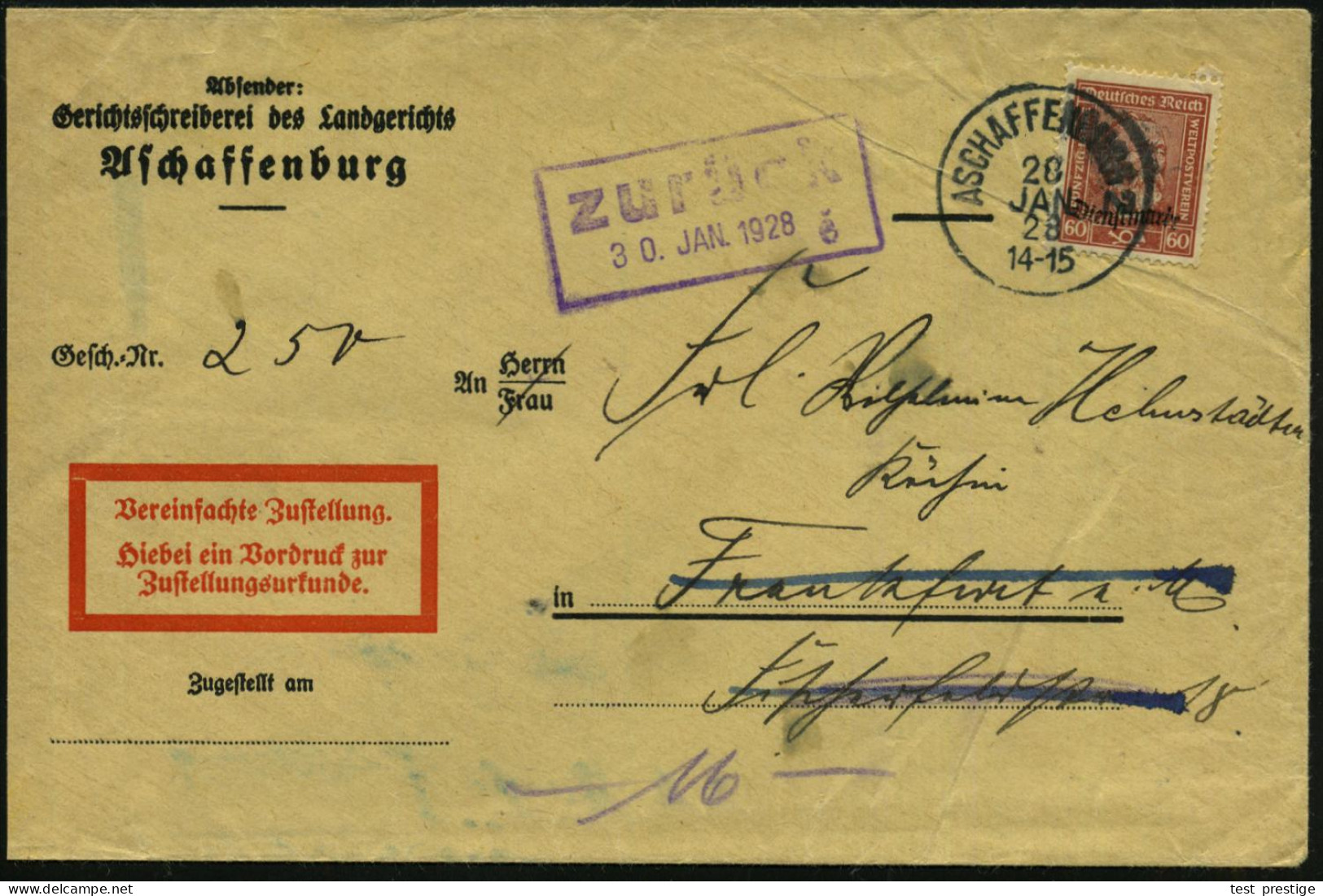 DEUTSCHES REICH 1928 (28.1.) Bayer. 1K: ASCHAFFENBURG 1 Auf Dienst 60 Pf. "H. V.Stephan", EF + Viol. Ra.2: Zurück + Rs.  - WPV (Weltpostverein)