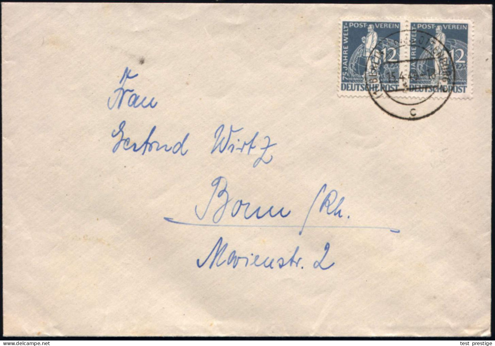 BERLIN 1949 (15.4.) 12 Pf. "Heinrich V. Stephan" = 75 Jahre UPU, Reine MeF: Paar Klar Gest. (Bln-Chrlbg.) Inl.-Bf. (Mi.3 - WPV (Weltpostverein)