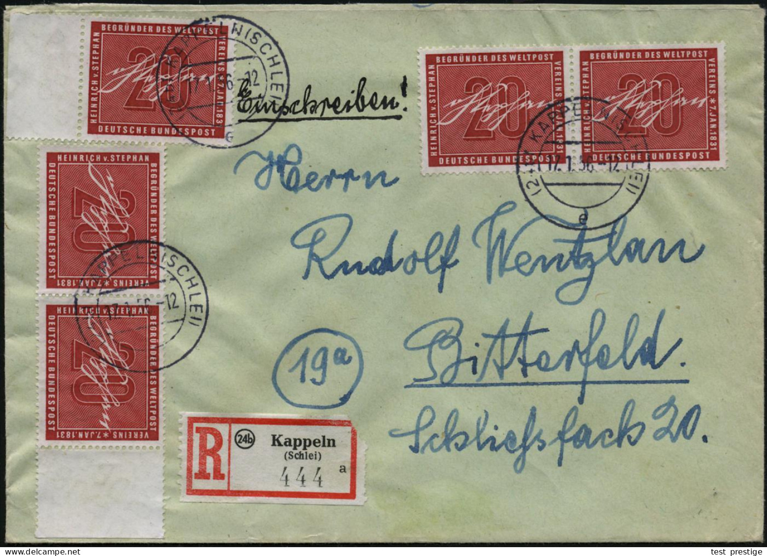 B.R.D. 1956 (17.1.) 20 Pf. "125. Geburtstag Heinrich V. Stephan", Reine MeF: 2 Paare + 1 Randstück = 5 Stück Klar Gest.  - UPU (Unione Postale Universale)