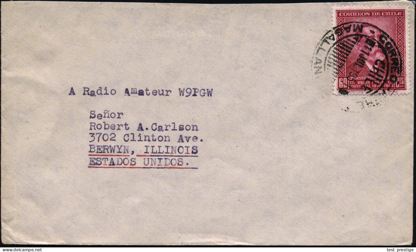 CHILE 1951 (11.6.) 60 C. "75 Jahre U.P.U.", EF =  Heinrich V. Stephan , Sauber Gest. Übersee-Bf. N. U.S.A.  (Mi.444 EF)  - WPV (Weltpostverein)