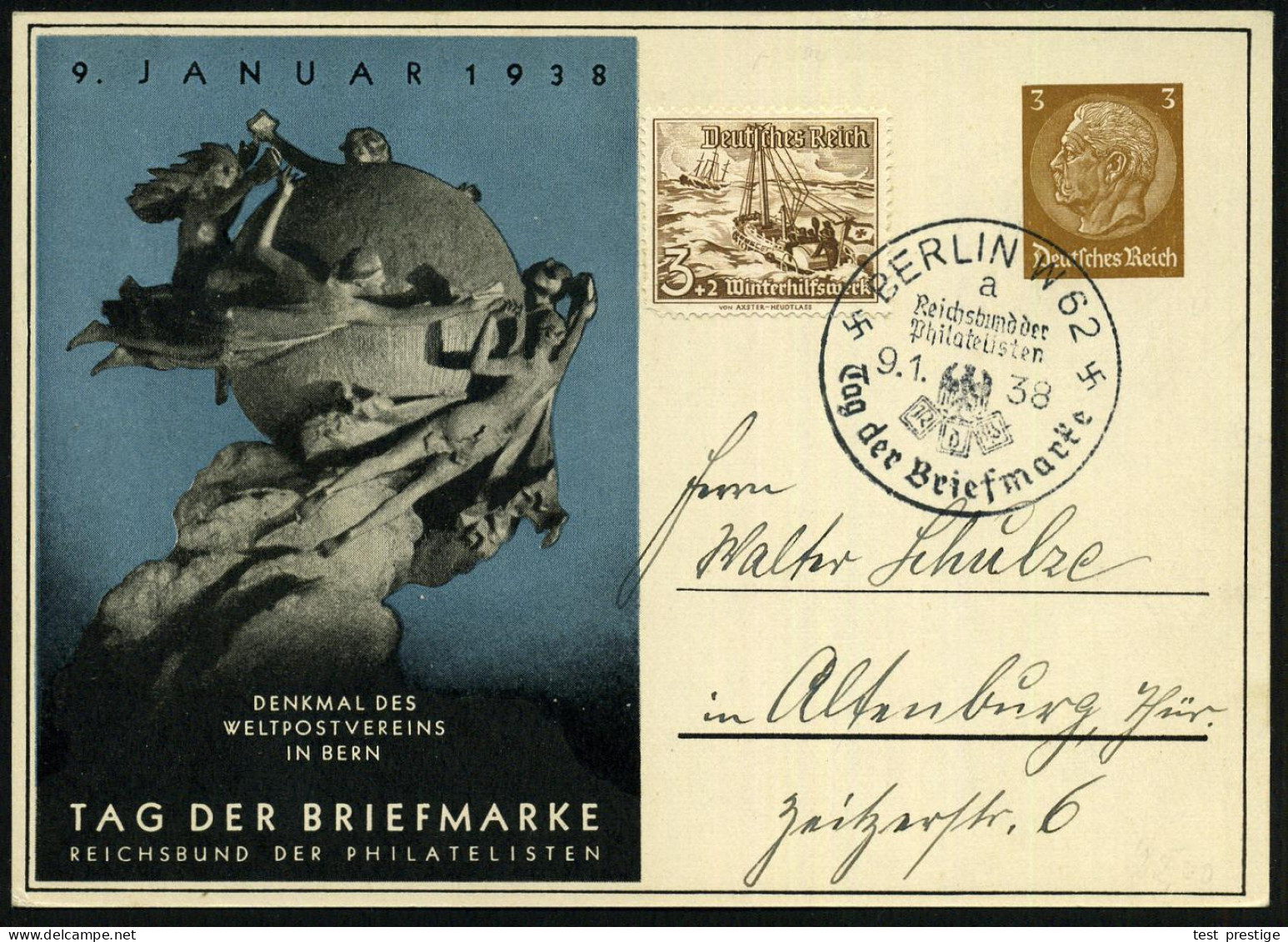 BERLIN W62/ A/ ..R.d.Ph./ Tag Der Briefmarke 1938 (9.1.) SSt Auf PP 3 Pf. Hindenbg., Braun: TAG DER BRIEFMARKE.. = UPU-D - WPV (Weltpostverein)