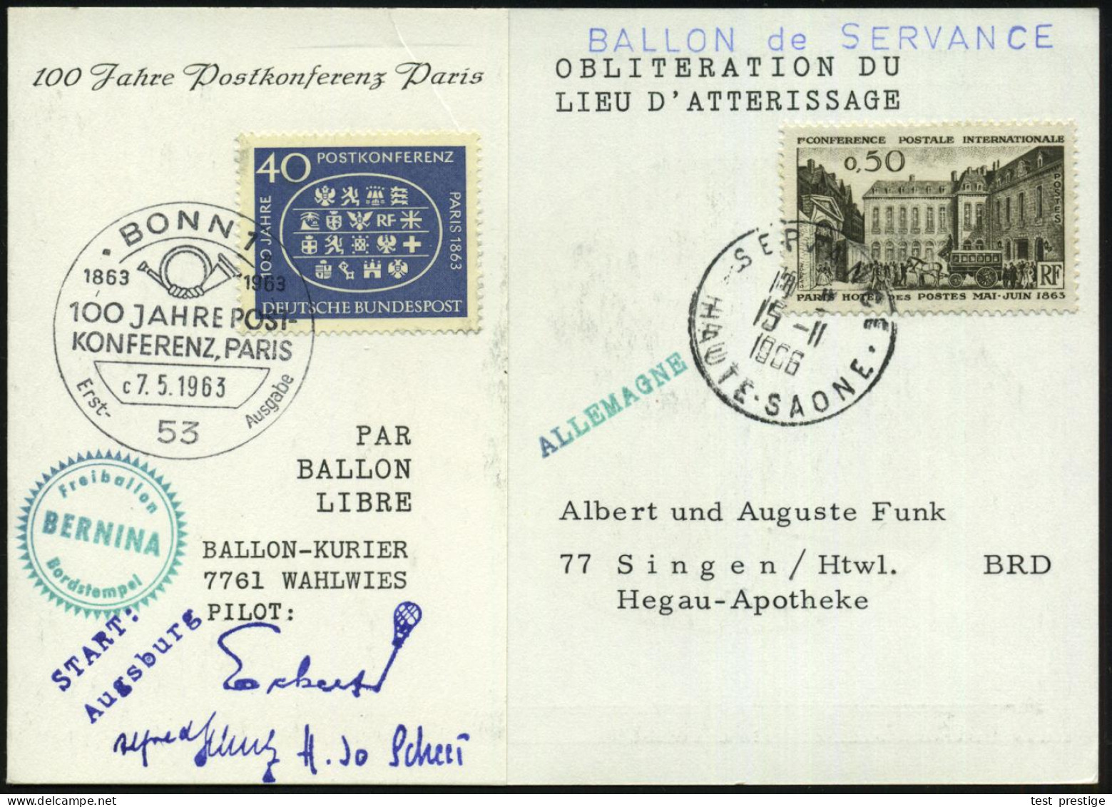 53 BONN 1 1963/66 (7.5.) 40 Pf. "100 Jahre Postkonferenz Paris 1863" + ET-SSt: BONN 1 (Mi.398) + Frankreich 0,30 F. "Int - WPV (Weltpostverein)