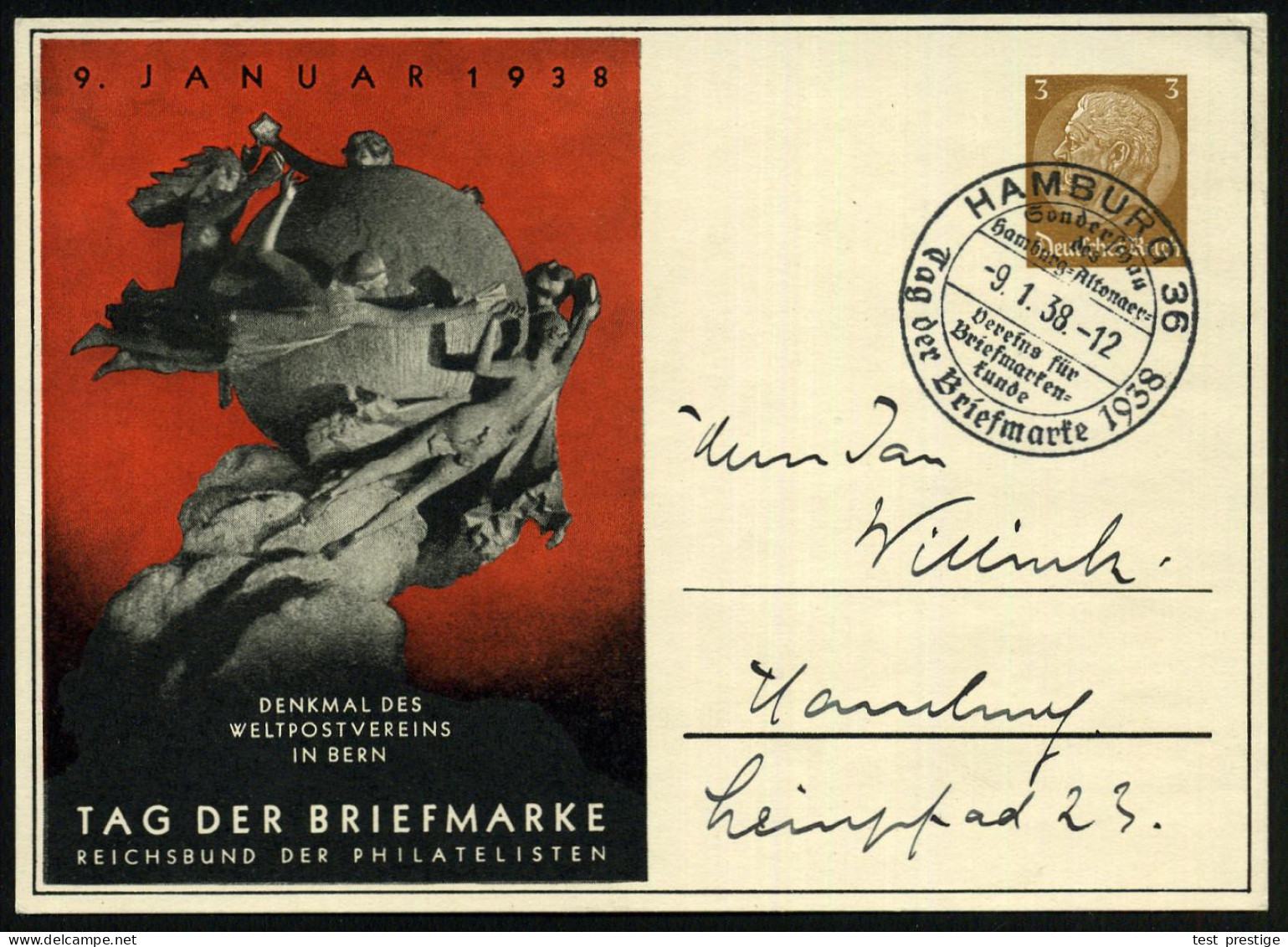 HAMBURG 36/ Sonderschau../ Tag D.Briefmarke 1938 (8.1.) SSt Auf PP 3 Pf. Hindenbg., Braun: TAG DER BRIEFMARKE.. = UPU-De - UPU (Unión Postal Universal)