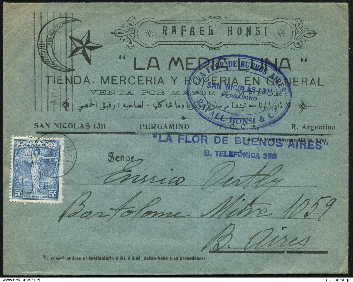 ARGENTINIEN 1921 (29.8.) MaWSt.: BUENOS AIRES/ARGENTINA AUF EF 5 C. "I. Panamerikanischer Post-Kongreß" Klar Gest. Firme - WPV (Weltpostverein)
