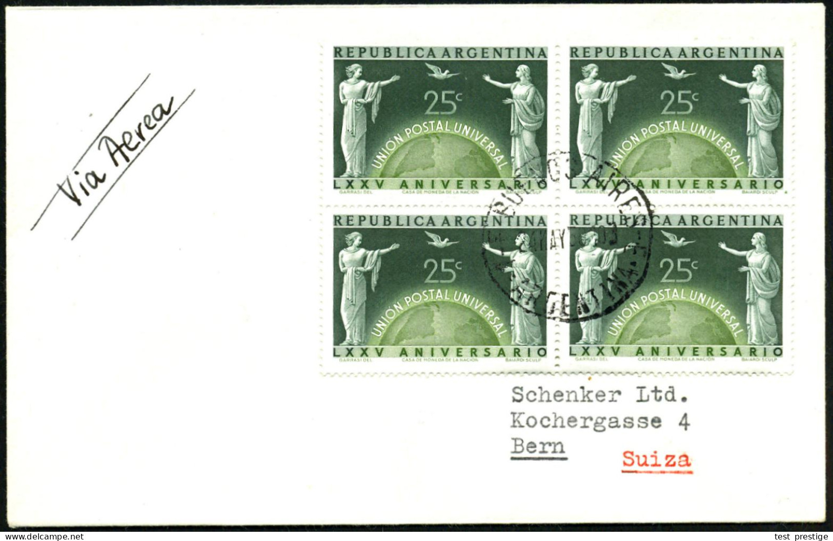 ARGENTINIEN 1950 (24.5.) 25 C. "75 Jahre UPU", Reine MeF: 4er-Block , Zentrisch Klar Gest. Übersee-Flp.-Bf.!  (Mi.568 Me - UPU (Union Postale Universelle)