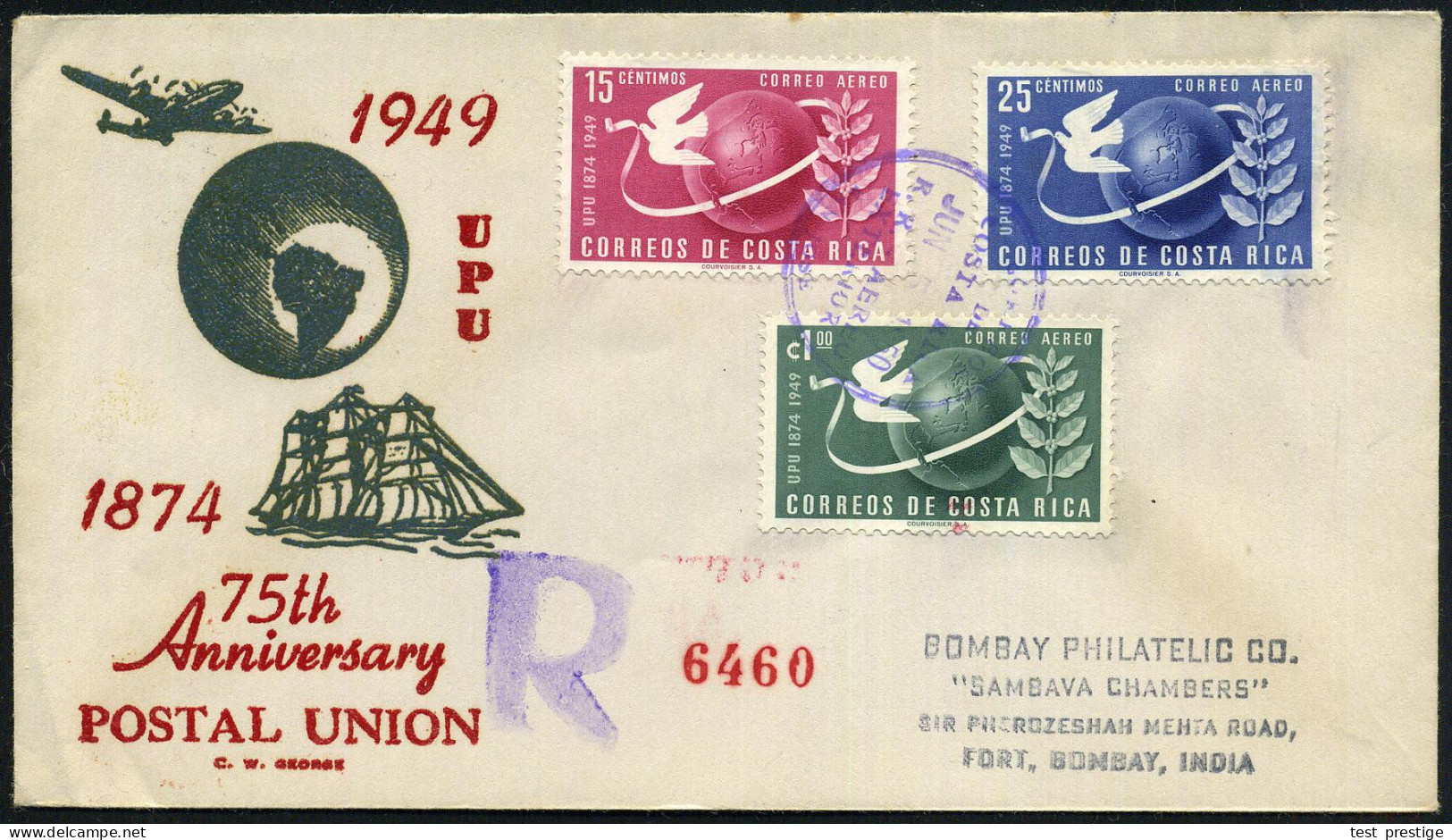 COSTA RICA 1950 (5.6.) "75 Jahre U.P.U." , Kompl. Satz + Viol. ET-SSt + Stummer R-Stempel (rote Paginier-Nr.) Übersee-R- - UPU (Unión Postal Universal)