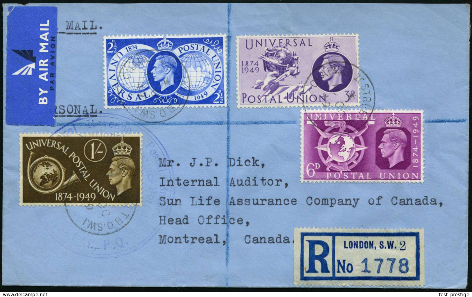 GROSSBRITANNIEN 1949 (10.10.) "75 Jahre UPU", Kompl. Satz + Blauer RZ: LONDON, S.W. 2, Bedarfs-Übersee-Flp.-FDC (rs. Kl. - UPU (Universal Postal Union)