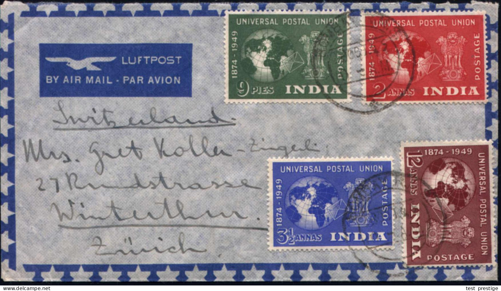 INDIEN 1949 (28.10.) "75 Jahre UPU", Kompl.Satz , Sauber Gest. Übersee-Flp.-Bf.!  (Mi.207/10) - WELTPOSTVEREIN - UNITED  - UPU (Union Postale Universelle)