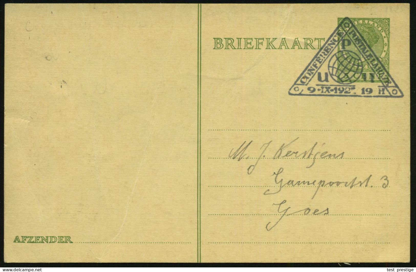 NIEDERLANDE 1927 (9.9.) Dreieck-SSt.: LA HAYE/UPU/CONFERENCE/POSTALE (Globus) Auf PP 5 C. Wilhelmina, Grün:  Den Haag Gr - WPV (Weltpostverein)