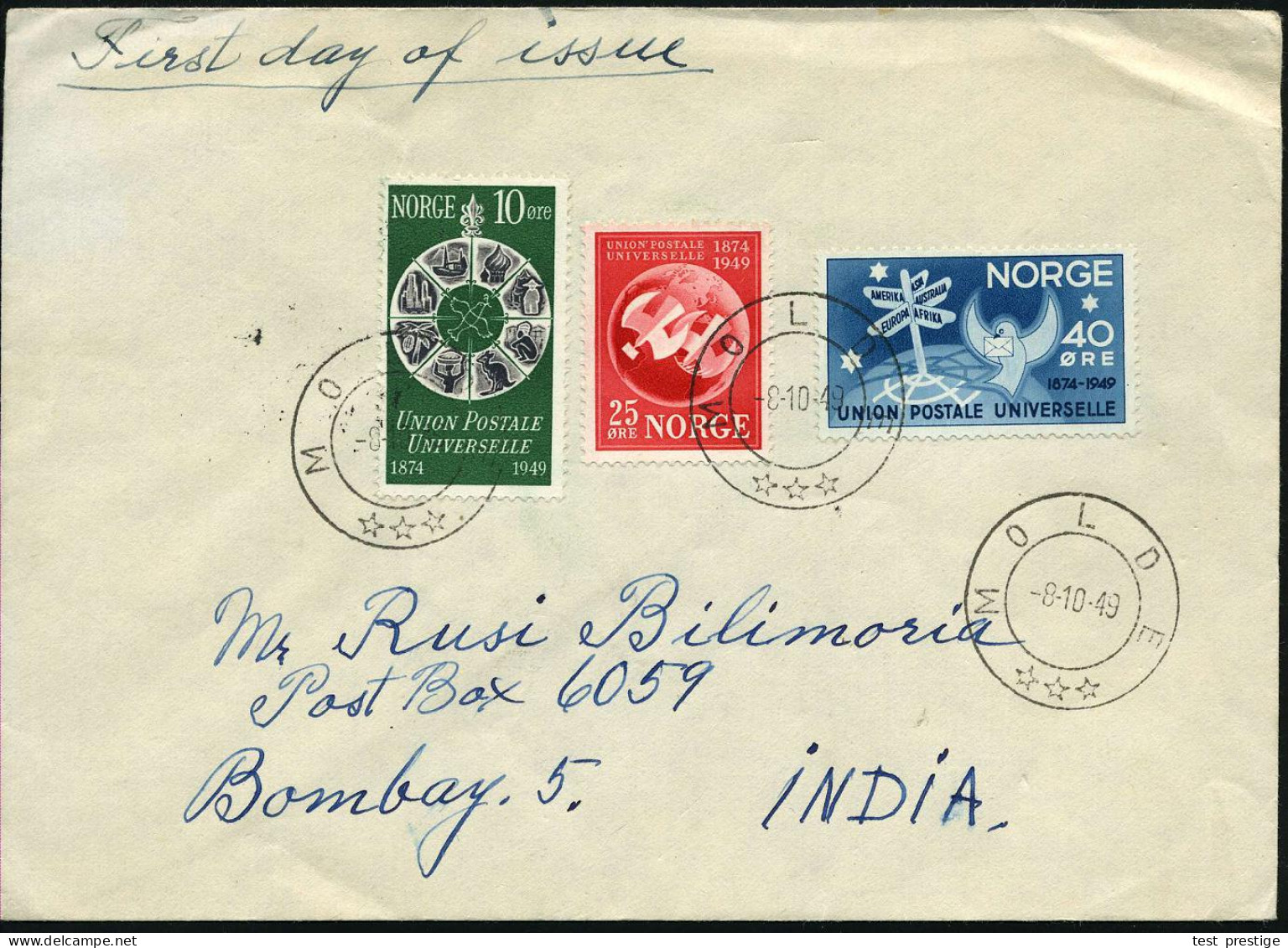 NORWEGEN 1949 (8.10.) "75 Jahre U.P.U.", Kompl. Satz, Dabei Motiv Nordpol Etc., 3x ET-Stpl. (MOLDE) Bedarfs- Übersee-FDC - UPU (Wereldpostunie)