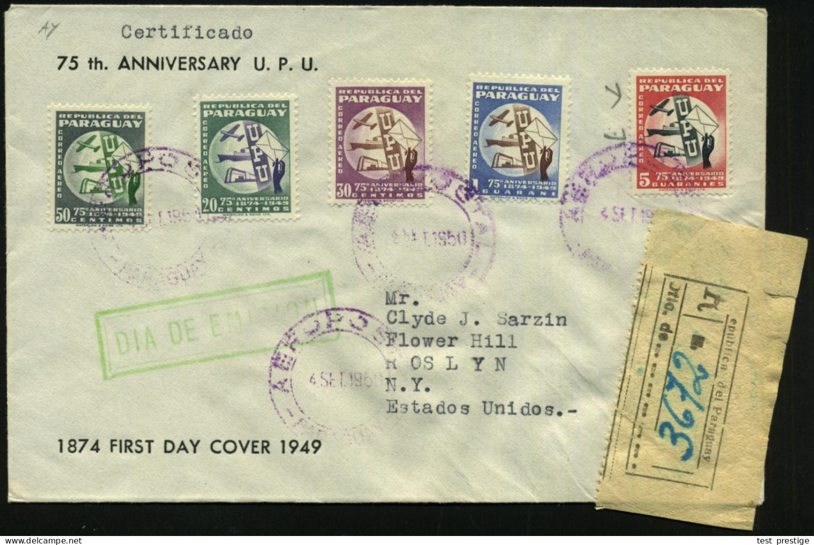 PARAGUAY 1950 (4.9.) "75 Jahre UPU", Kompl.Satz (Verkehrsmittel Vor Globus) + RZ Ohne Ort (hs. Nr.) Übersee-R-Bf.  (Mi.6 - UPU (Union Postale Universelle)