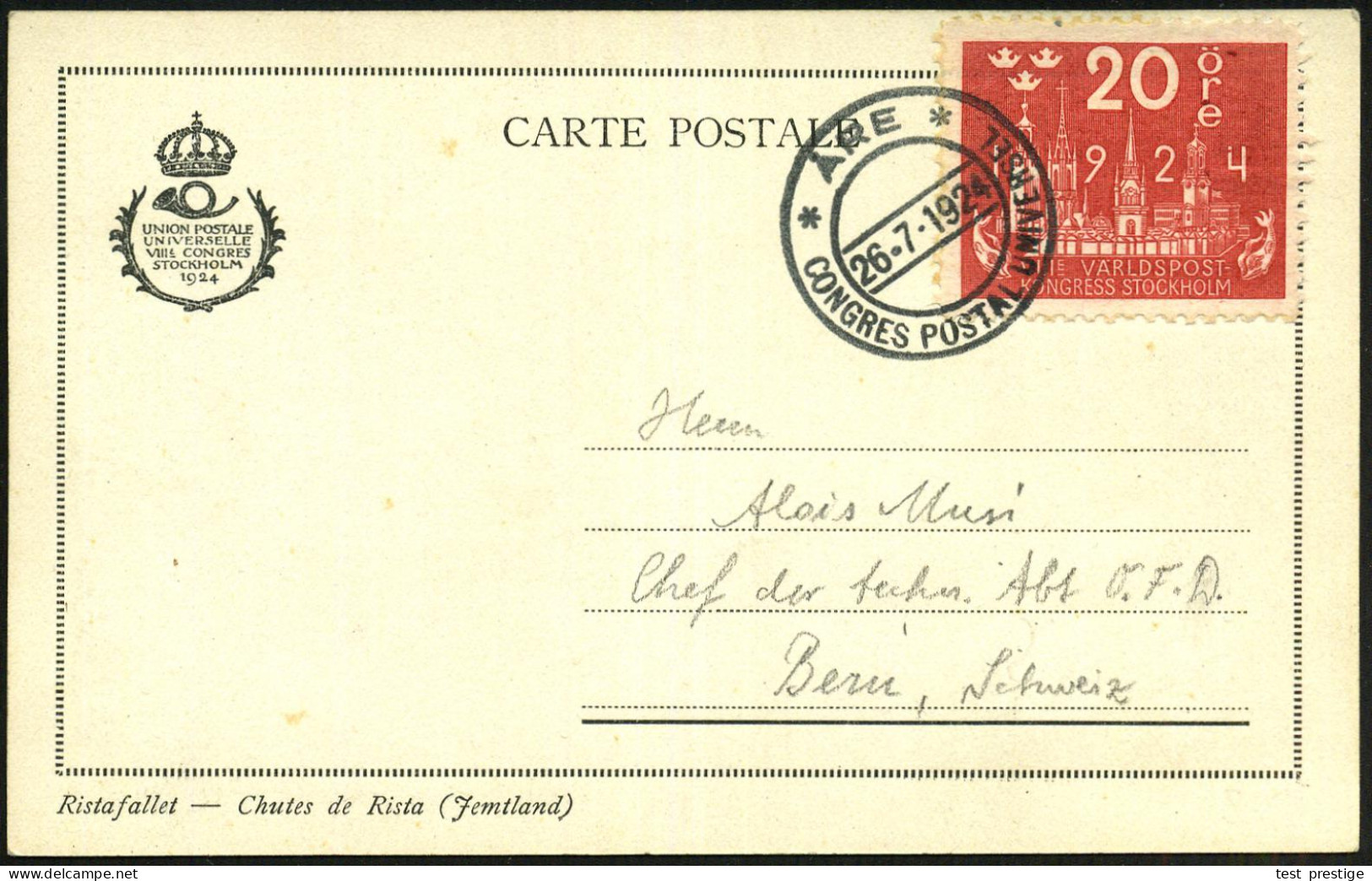 SCHWEDEN 1924 (26.7.) SSt: ARE/CONGRES POSTAL UNIVERSEL Klar Auf Passender EF 20 Öre, Rot: "8. UPU-Kongreß", Kongreß-Aus - WPV (Weltpostverein)