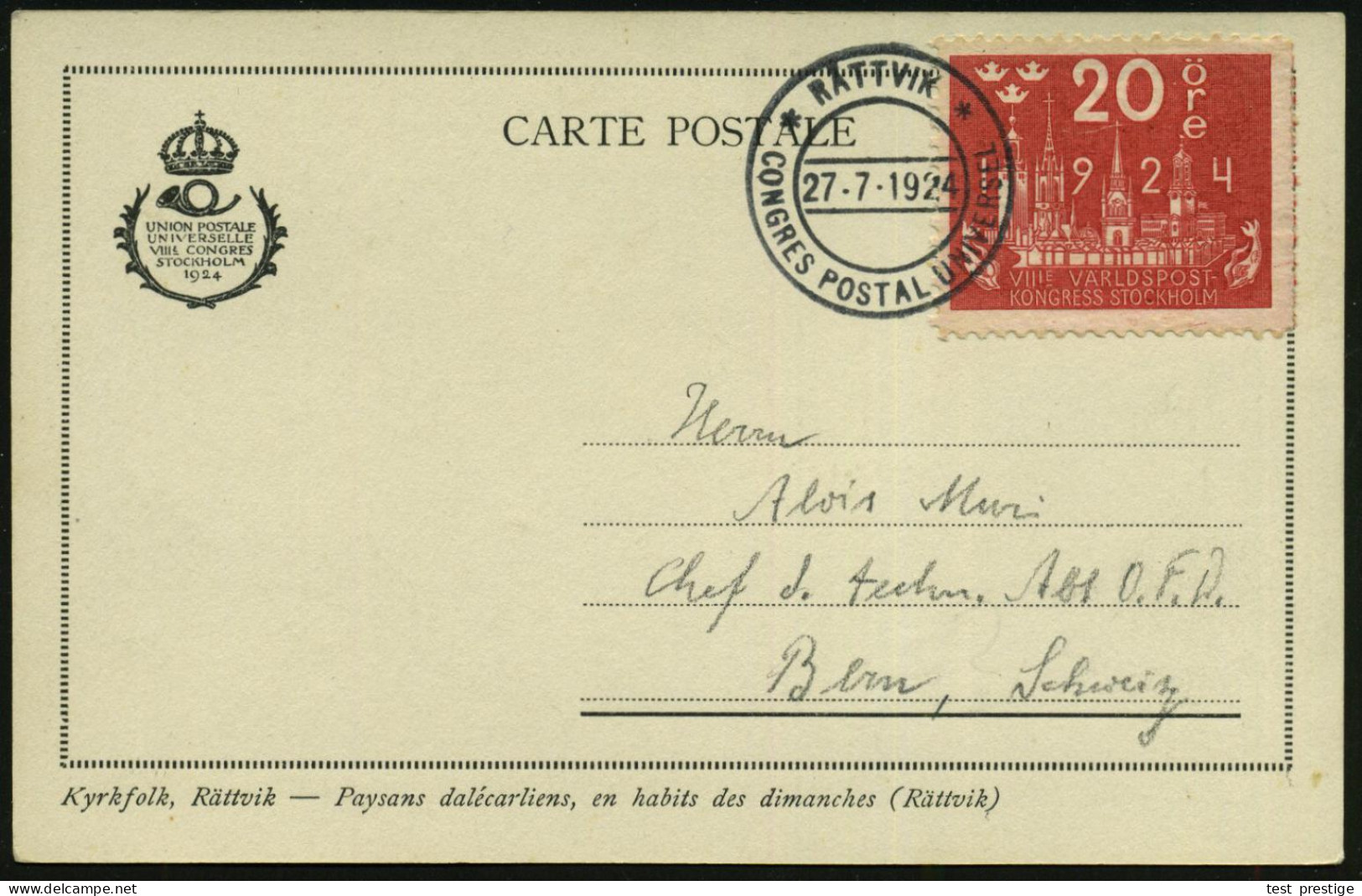 SCHWEDEN 1924 (27.7.) SSt: RÄTTVIK/CONGRES POSTAL UNIVERSEL Auf EF 20 Ö. "8. UPU-KONGRESS" , Glasklar Gest.  UPU-Kongreß - UPU (Universal Postal Union)