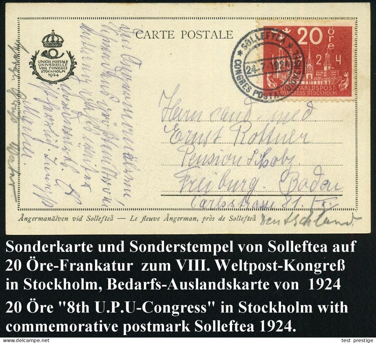 SCHWEDEN 1924 (24.7.) SSt.: SOLLEFTEA/ CONGRES POSTAL UNIVERSEL Auf EF 20 Öre "8. U.P.U.-Kongreß" , Klar Gest. Bedarfs-A - UPU (Unión Postal Universal)