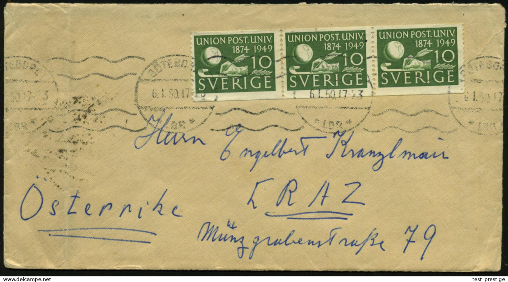 SCHWEDEN 1950 (6.1.) 10 Öre "75 Jahre UPU", Reine MeF: Horizontaler 3er-Streifen , Sauber Gest.(Göteborg) Ausl.-Bf., Rs. - WPV (Weltpostverein)