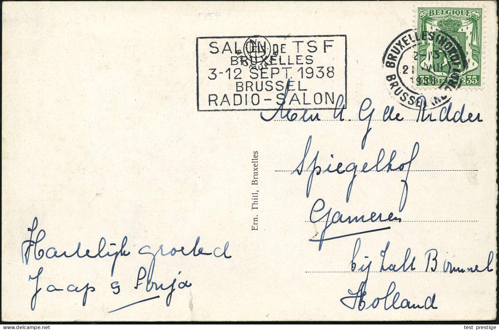 BELGIEN 1938 (21.8.) MWSt: BRUXELLES (NORD)/SALON DE TSF/BRUXELLES/3-12 SEPT./RADIO-SALON Auf Bedarfs-Ausl.-Ak. (unten K - UPU (Unión Postal Universal)