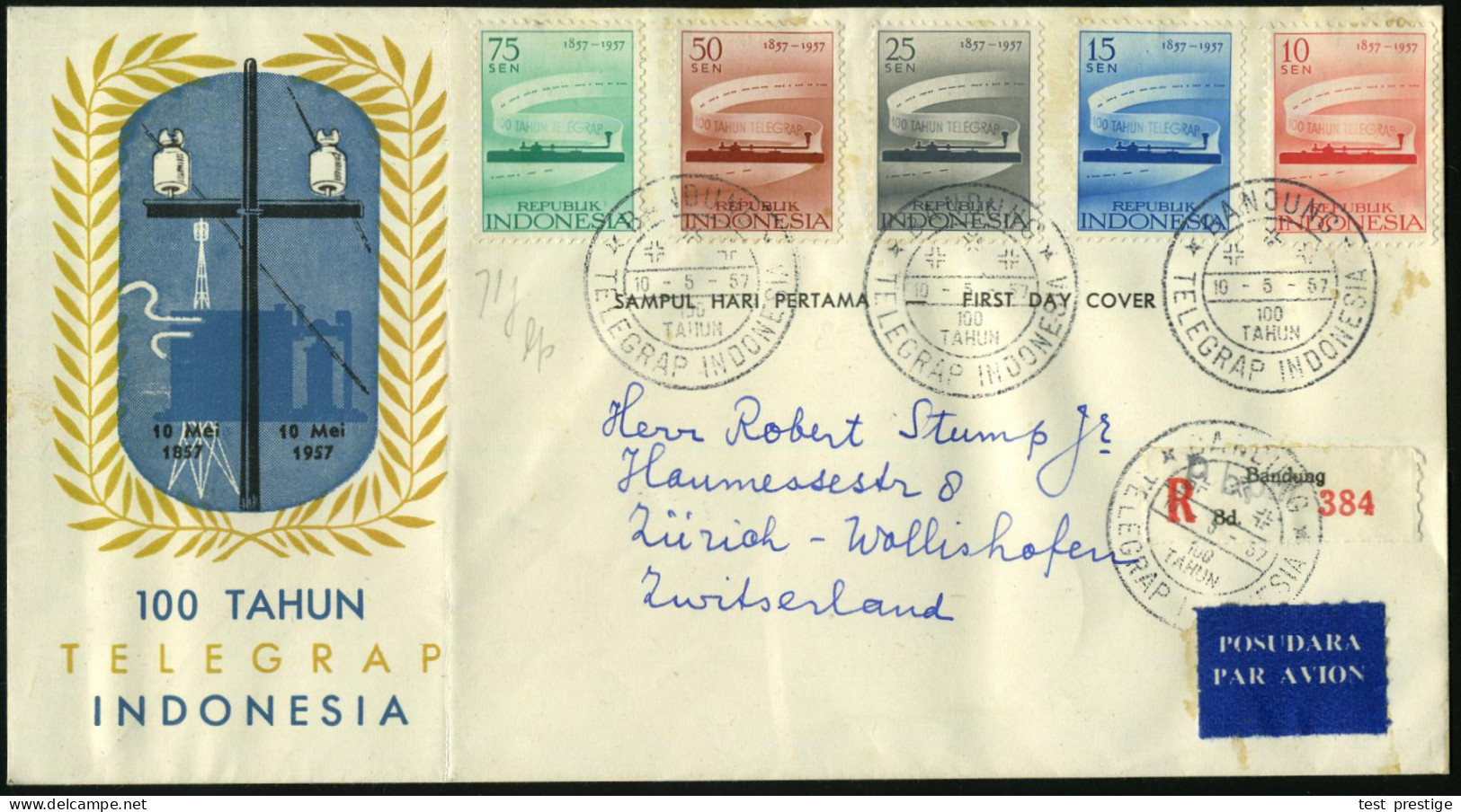 INDONESIEN 1957 (10.5.) "100 Jahre Telegrafie In Indonesien", Kompl. Satz (= Morse-Apparat, Morseband) + ET-SSt: BANDUNG - WPV (Weltpostverein)