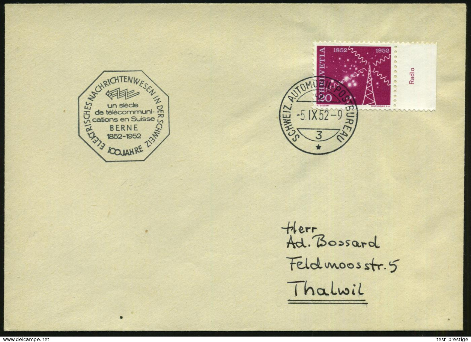 SCHWEIZ 1952 (5.9.) Amtl. HdN: BERNE/100 JAHRE/ELEKTR. NACHRICHTENWESEN IN DER SCHWEIZ (Blitze) + 1K: AUTO-PA Nr.3, Pass - UPU (Union Postale Universelle)