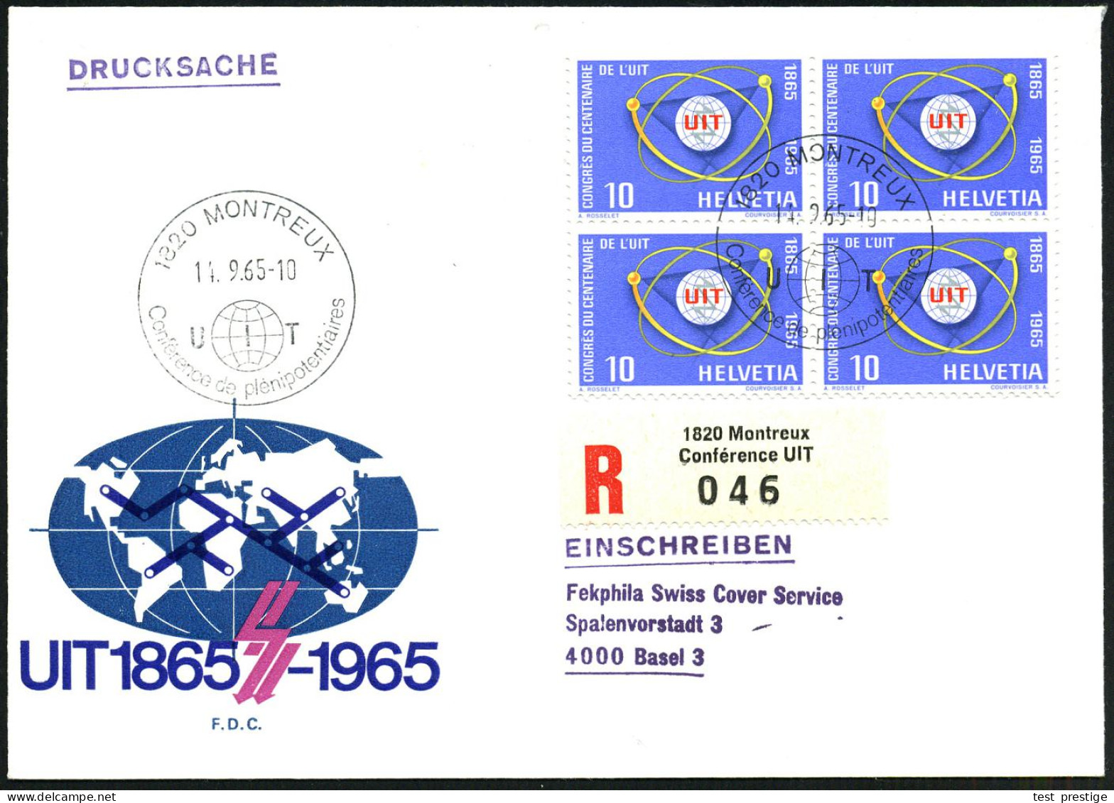 SCHWEIZ 1965 (14.9.) "100 Jahre UIT", Kompl. 4er-Block-Satz + 2x Sonder-RZ: 1820 Montreux/Conférence UIT (Mi.823/24 4er- - UPU (Union Postale Universelle)