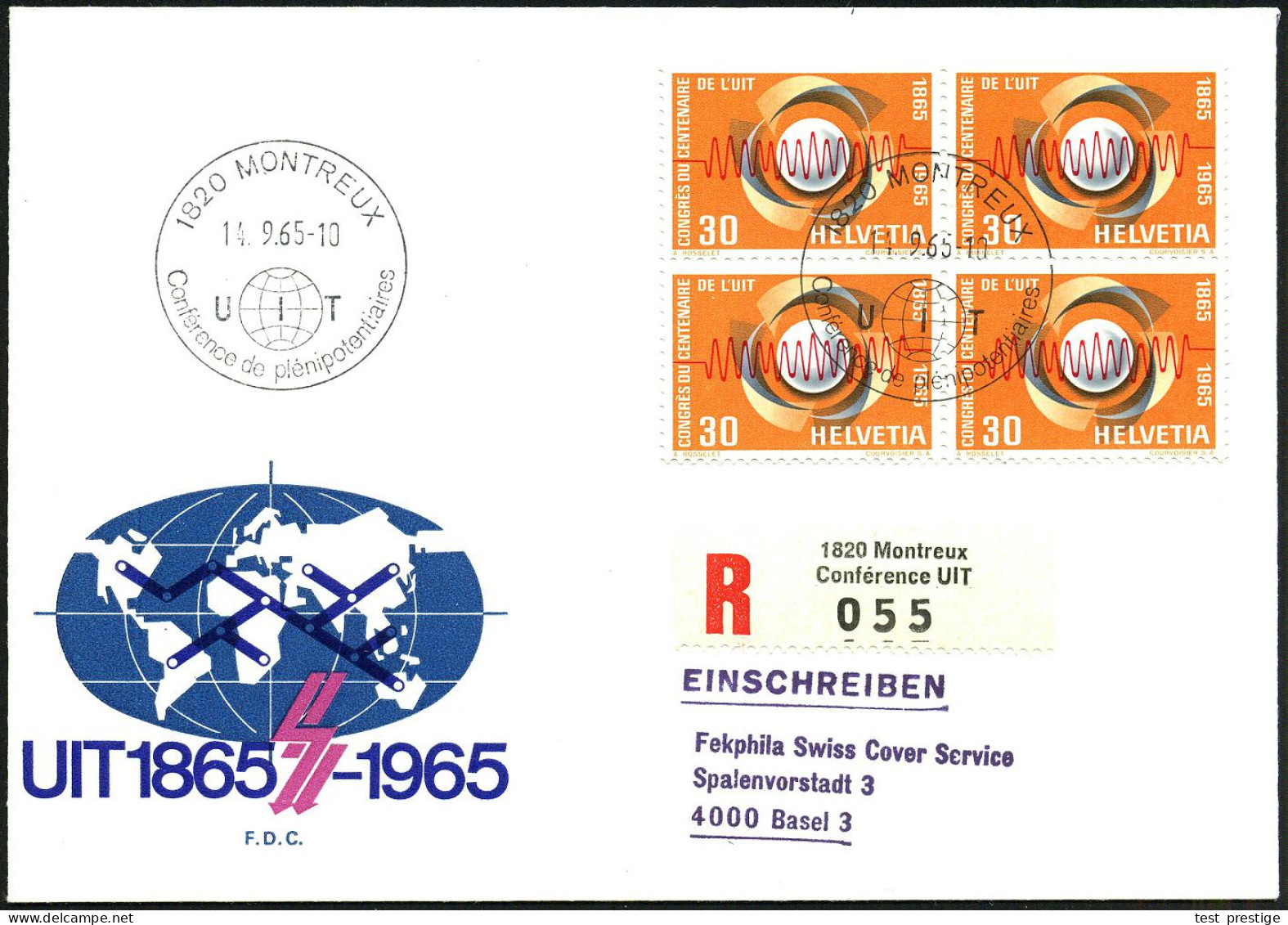 SCHWEIZ 1965 (14.9.) "100 Jahre UIT", Kompl. 4er-Block-Satz + 2x Sonder-RZ: 1820 Montreux/Conférence UIT (Mi.823/24 4er- - UPU (Union Postale Universelle)