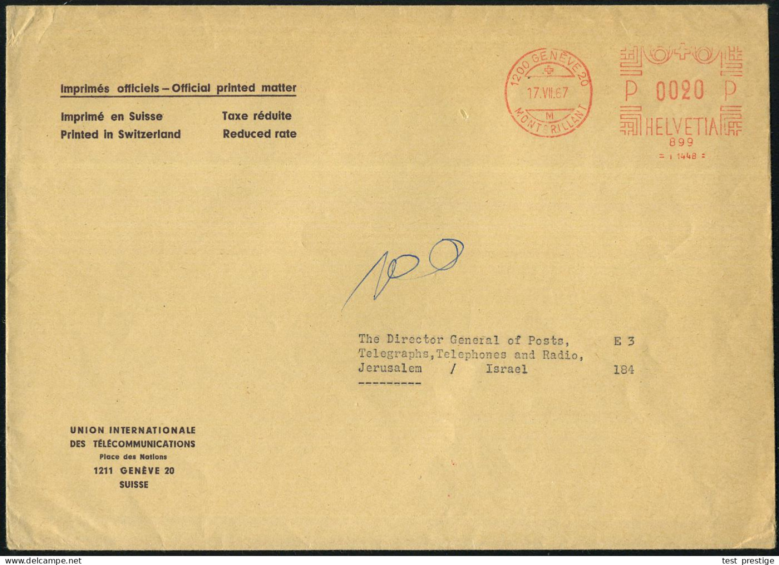 SCHWEIZ 1967 (17.7.) AFS: 1200 GENEVE 20/MONTBRILLANT/899 = U.I.T., 0020 C. Auf Übersee-Dienst-Bf.: UNION INTERNAT. DES  - UPU (Universal Postal Union)