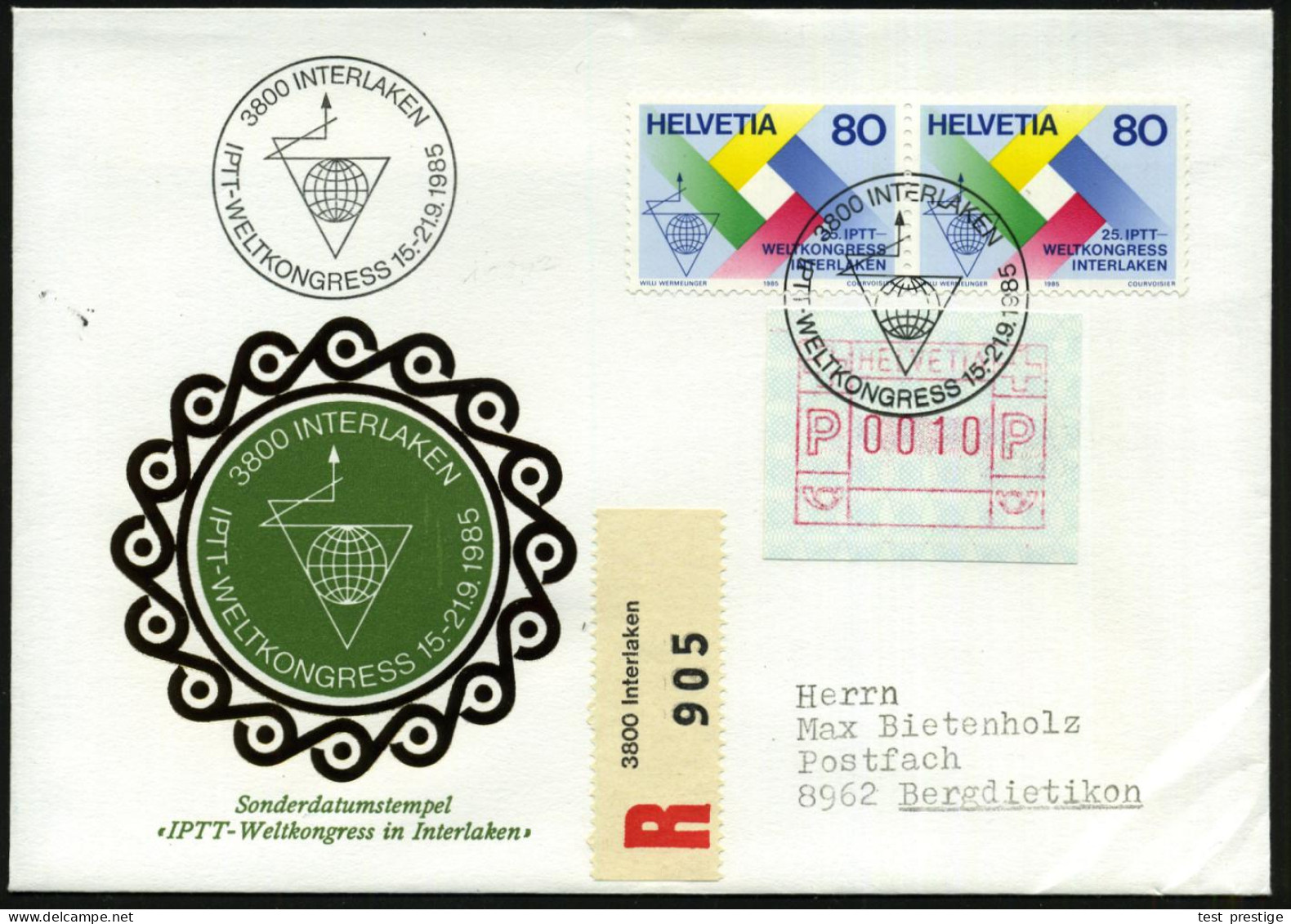 SCHWEIZ 1985 (Sept.) 3800 INTERLAKEN/IPTT-WELTKONGRESS (Logo) Auf Paar 80 C. IPTT (Mi.1303 U.a.) + RZ: 3800 Interlaken,  - UPU (Unión Postal Universal)