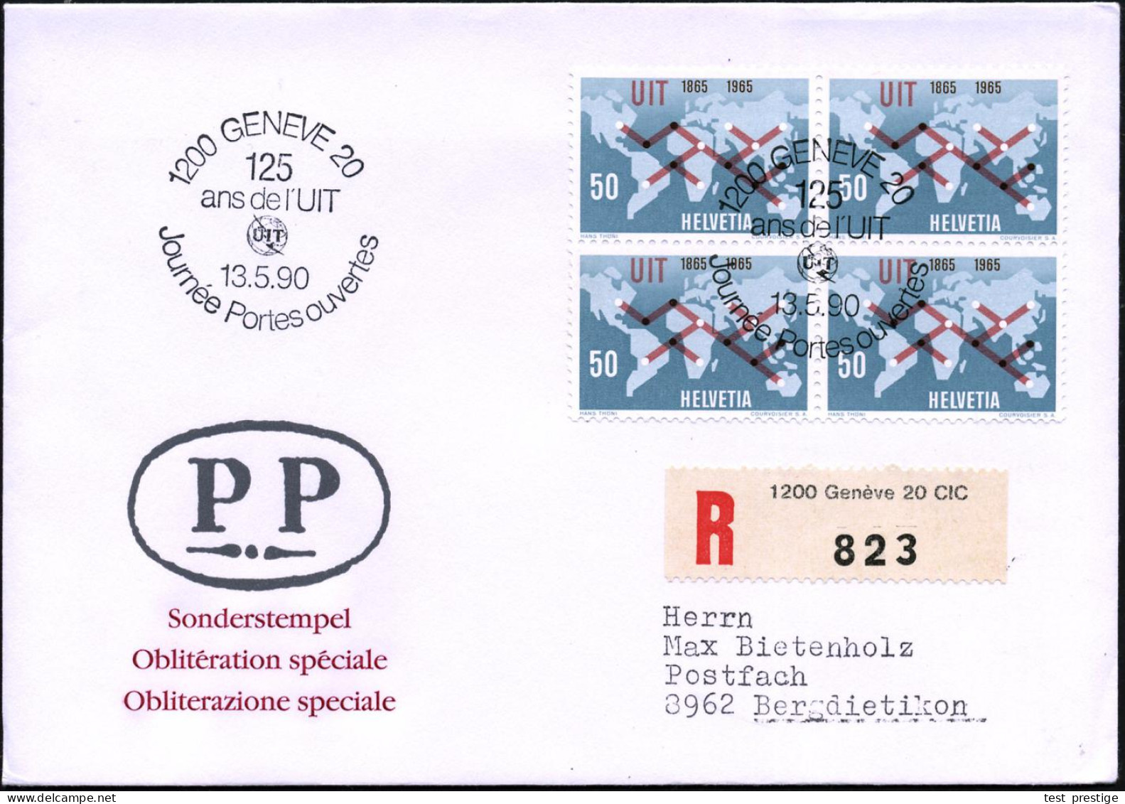 SCHWEIZ 1990 (13.5.) 50 C. "125 Jahre UIT", Reine MeF: 4er-Block (Mi.811) + SSt: 1200 GENEVE 20/125/ans De L'UIT + Sonde - UPU (Union Postale Universelle)