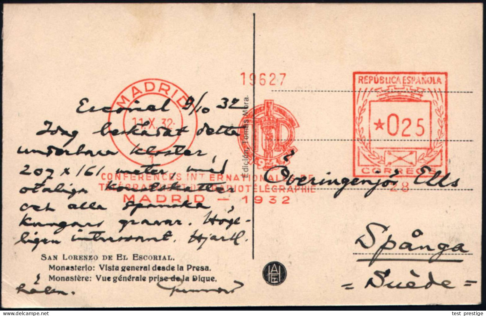 SPANIEN 1932 (11.10.) Sehr Seltener AFS: MADRID/1/28/CONFERENCES INTERNAT.DE/TELEGRAPHIE ET DE RADIOTELEGRAPHIE/MADRID 1 - UPU (Universal Postal Union)