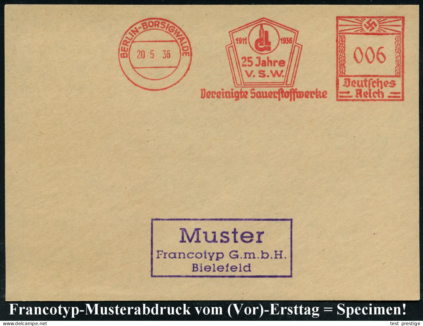 BERLIN-BORSIGWALDE/ 1911 1936/ 25 Jahre/ V.S.W./ Vereinigte Sauerstoffwerke 1936 (20.5.) AFS-Musterabdruck Francotyp "Ha - Sonstige & Ohne Zuordnung