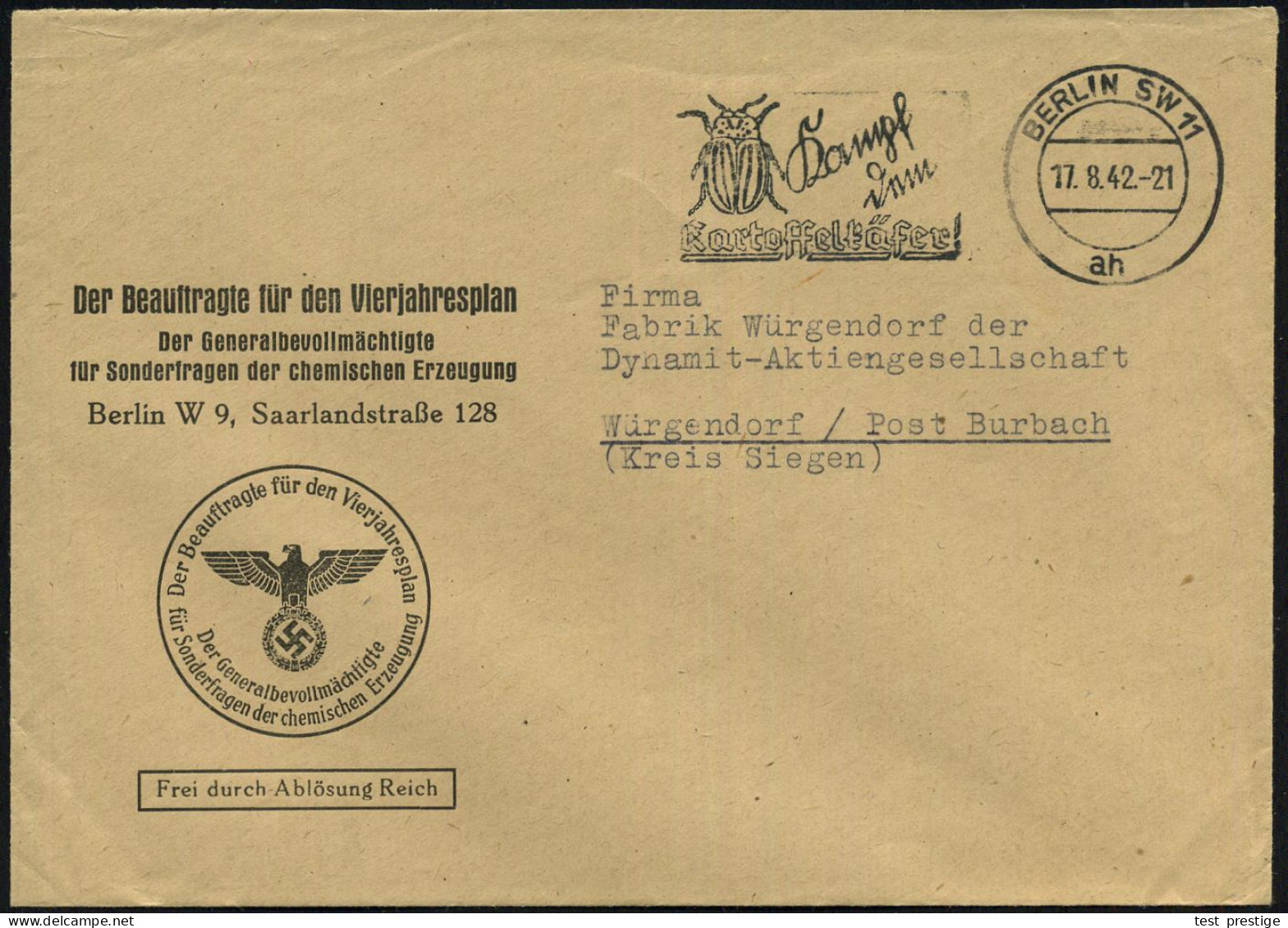 BERLIN SW 11 1942 (17.8.) MWSt.: BERLIN SW !!/ah/Kampf Dem Kartoffelkäfer! Auf Dienst-Bf.: Der Beauftragte Für Den Vierj - Other & Unclassified