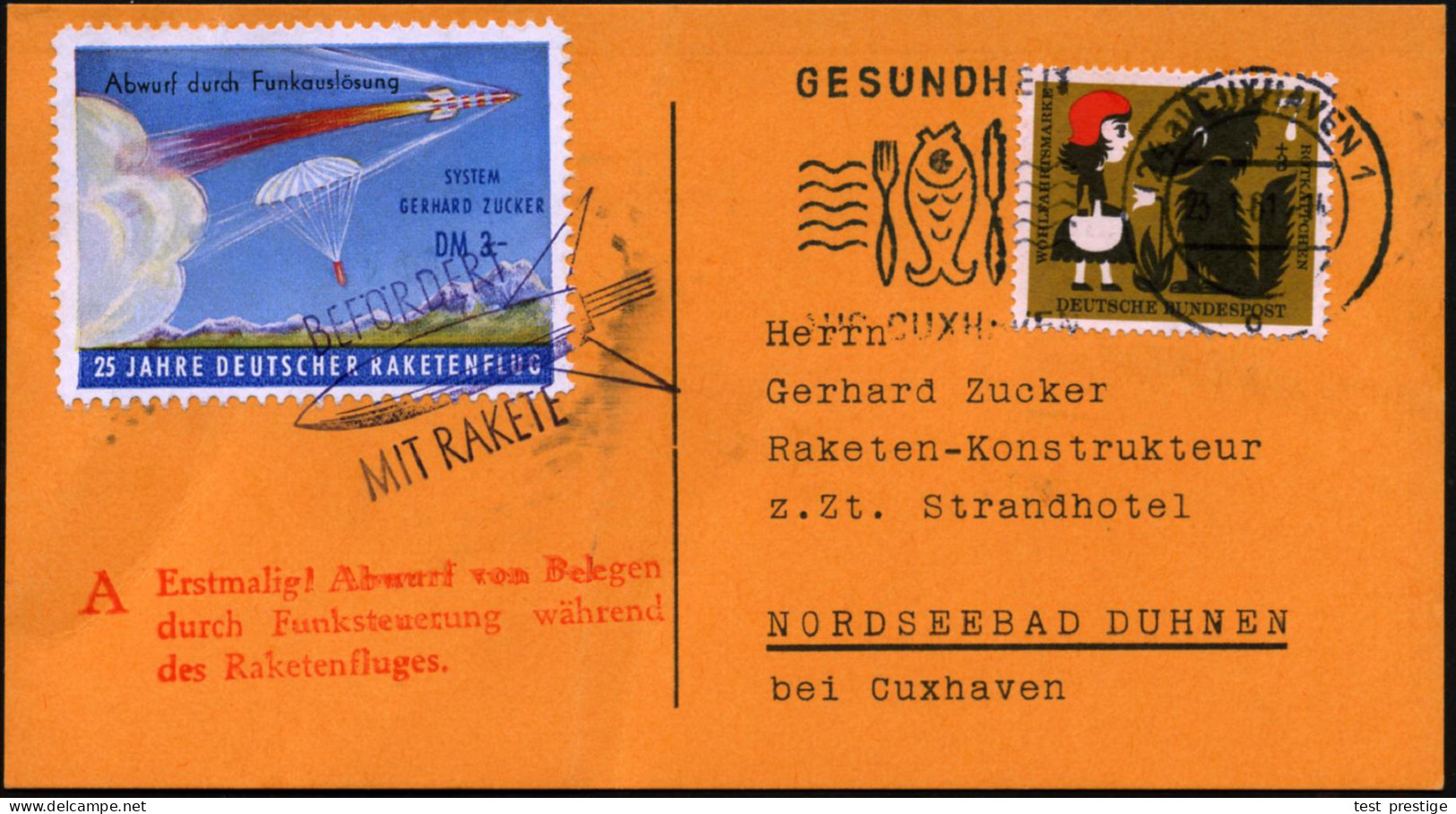 Cuxhaven 1 1961 (23.1.) Jubil.-Raketenmarke 3.- DM "25 JAHRE DEUTSCHER RAKETENFLUG" SYSTEM GERH. ZUCKER (Rakete, Fallsch - Otros & Sin Clasificación