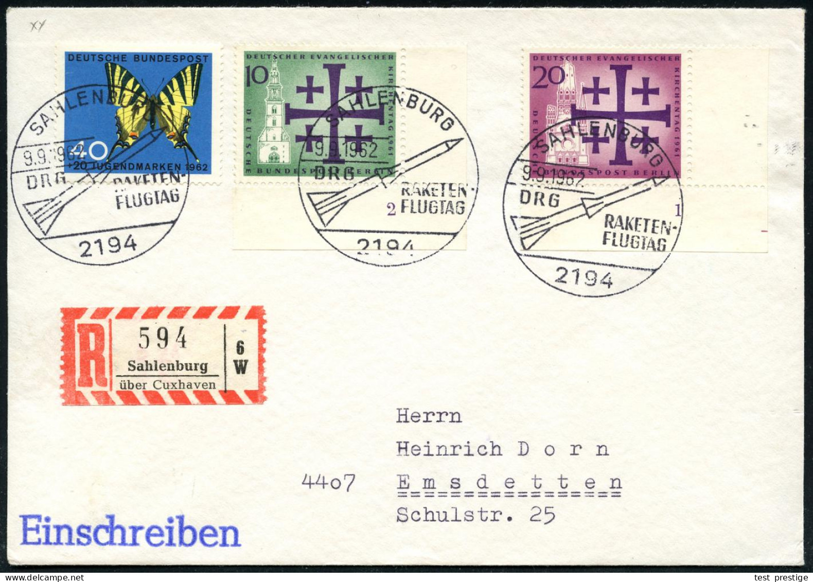 2194 SAHLENBURG/ DRG/ RAKETEN/ FLUGTAG 1962 (9.9.) SSt = Rakete (EZ.53) 3x Klar + Alter RZ: Sahlenburg/ über Cuxhaven (= - Other & Unclassified