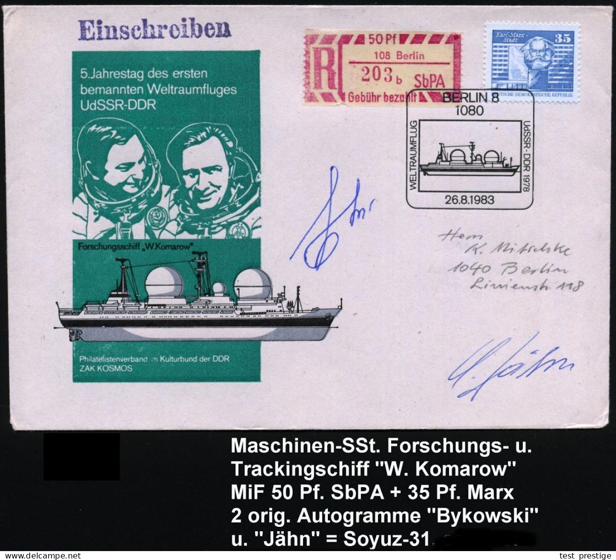 1080 BERLIN 8/ WELTRAUMFLUG/ UdSSR-DDR 1983 (26.8.) Maschinen-SSt = Sowjet. Forschungs- U. Tracking-Schiff "W. Komarow"  - Rusland En USSR