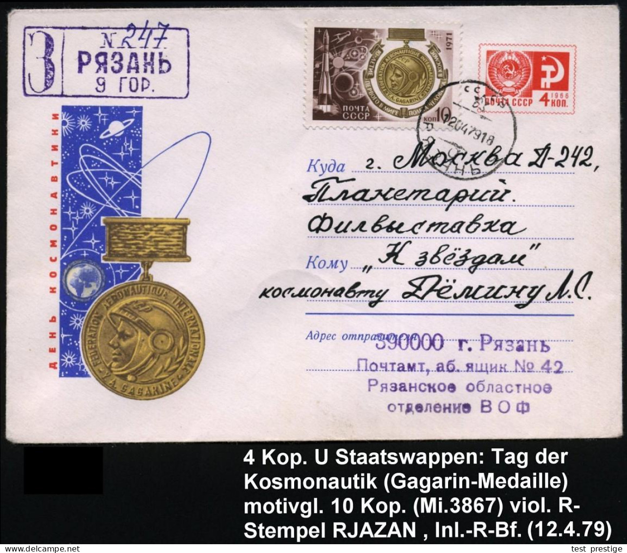 UdSSR 1979 (12.4.) 4 Kop. U Staatswappen, Rot: Tag Der Kosmonautik = Gagarin-Medaille (u. Weltraum) Motivgl. Zusatz-Fran - Rusia & URSS