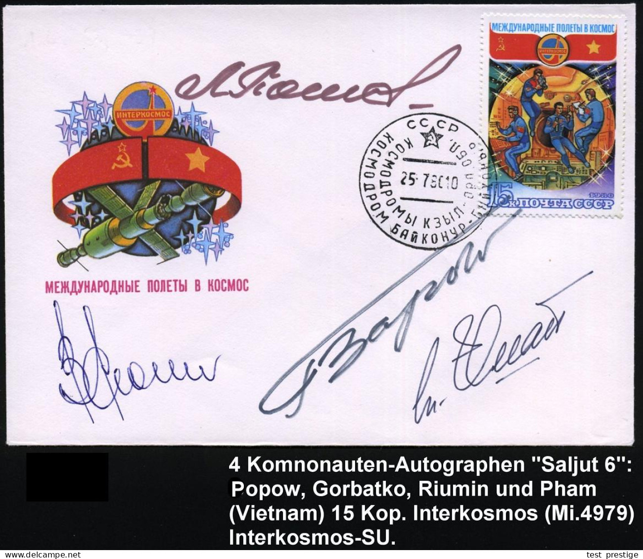 UdSSR 1980 (25.7.) 15 Kop. "Interkosmos" (an Bord "Saljut 6") + 1K-HdN: ...KOSMODROM BAIKONUR + 4 Orig. Kosmonauten-Sign - Russia & USSR