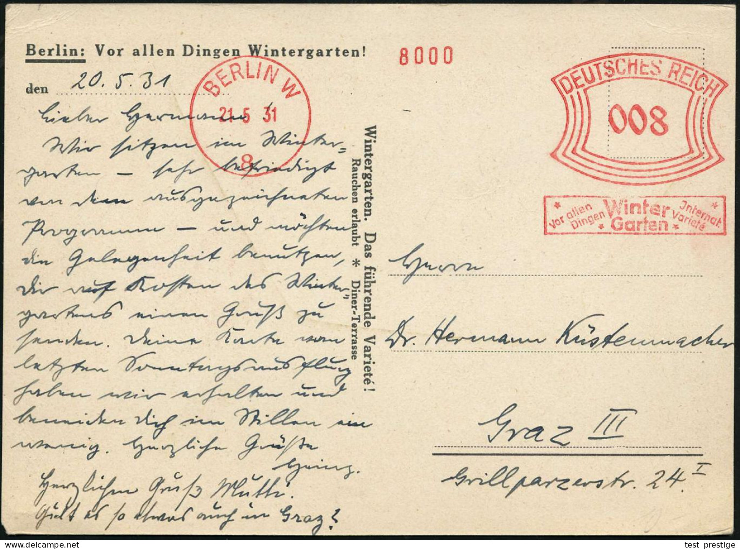 BERLIN W/ 8/ Vor Allen/ Dingen/ Winter/ Garten/ Jnternat./ Varieté 1931 (21.5.) Seltener AFS Francotyp 008 Pf. = Hauspos - Zirkus