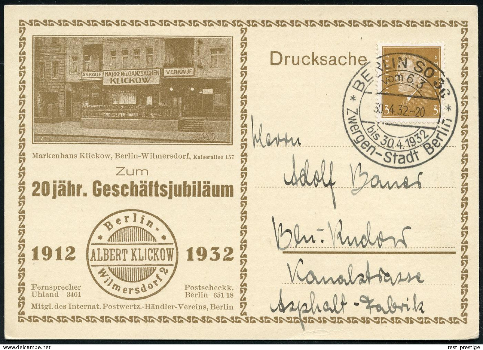 BERLIN SO 36/ Vom 6.3./ Bis 30.4.1932/ Zwergen-Stadt Berlin 1932 (30.4.) Seltener SSt Vom Finaltag Auf Reklame-Kt.: 20jä - Zirkus