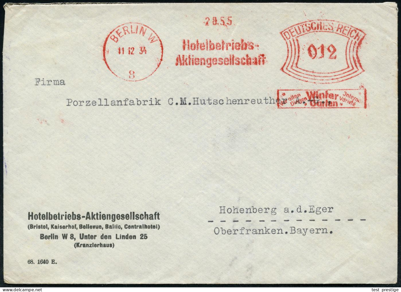 BERLIN W/ 8/ Hotelbetriebs-/ AG/ Vor Allen/ Dingen/ Winter/ Garten/ Jnternat./ Varieté 1936 (23.6.) Seltener AFS Auf Fir - Cirque
