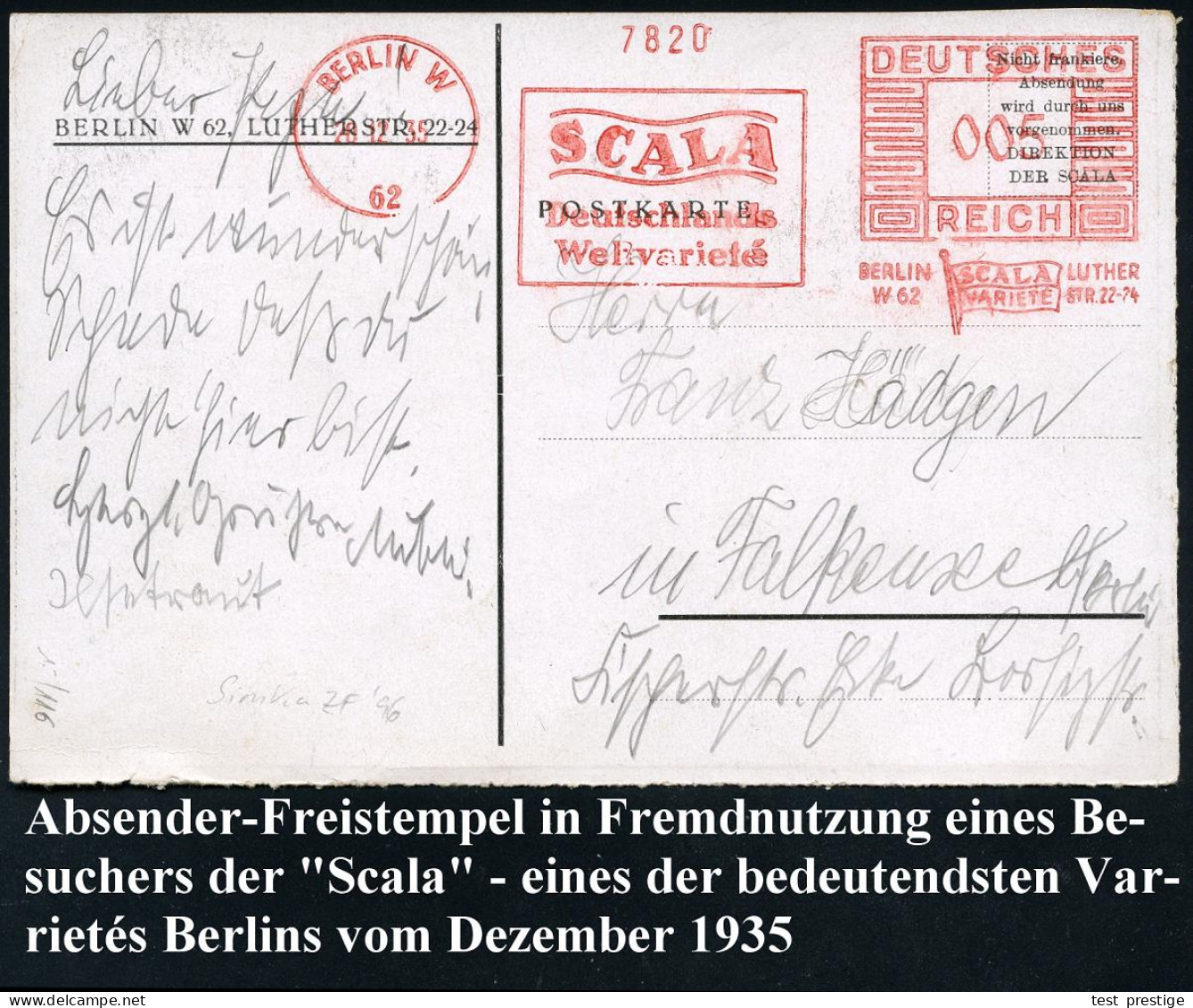 BERLIN W/ 62/ SCALA/ Deutschlands/ Weltvarité.. 1935 (20.12.) Seltener AFS Francotyp 005 Pf. = Hauspostamt Varieté = Fre - Circus