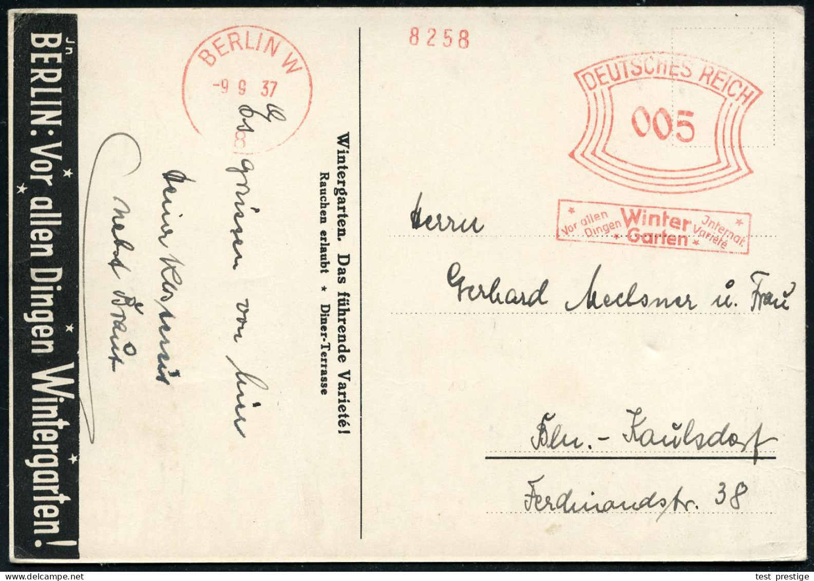 BERLIN W/ 8/ Vor Allen/ Dingen/ Winter/ Garten/ Jnternat./ Varieté 1937 (9.9.) Seltener AFS Francotyp 005 Pf. = Hauspost - Zirkus