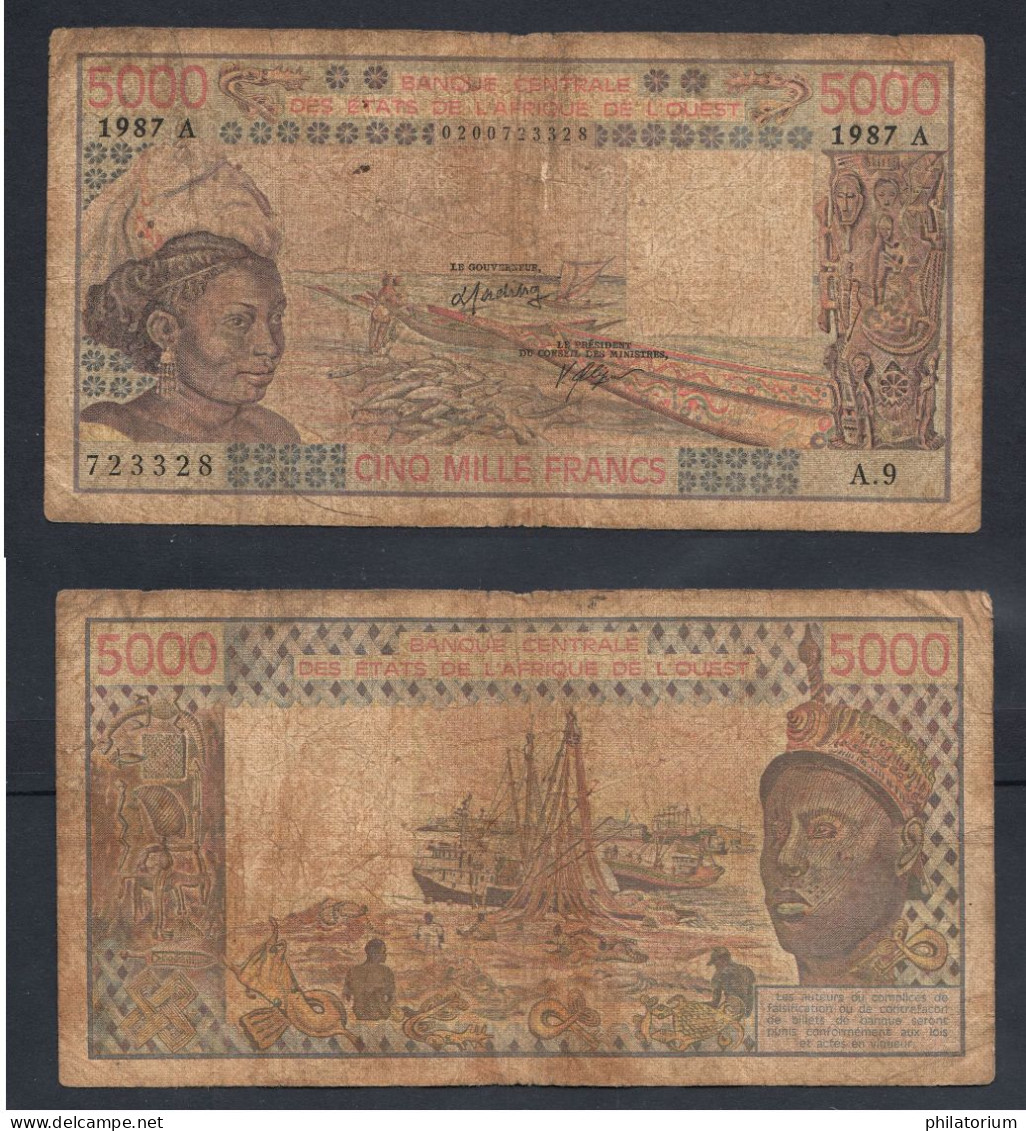 5000 Francs CFA, 1987 A, Côte D'Ivoire, A.9, 723328, Banque France, P#_08, Banque Centrale États De L'Afrique De L'Ouest - États D'Afrique De L'Ouest