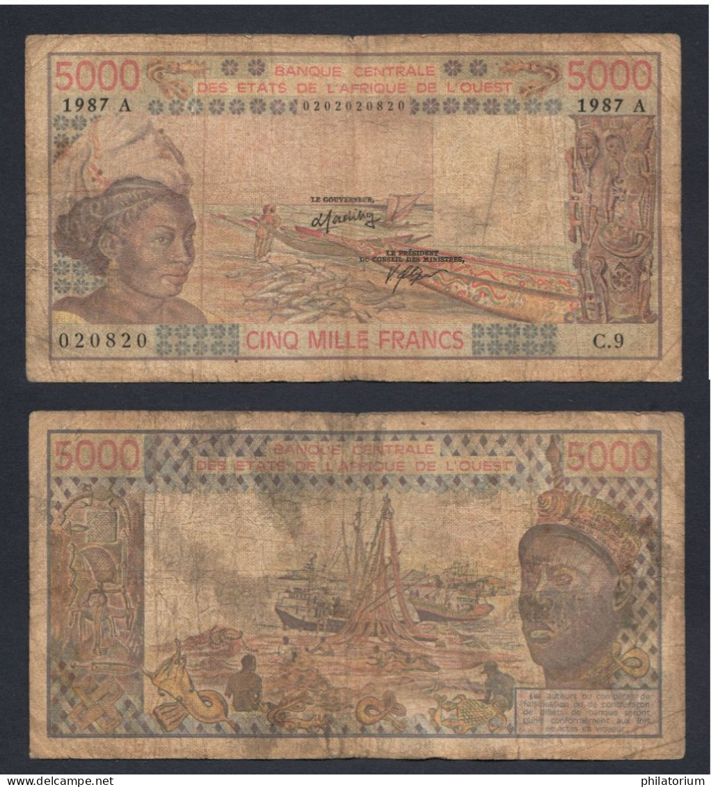 5000 Francs CFA, 1987 A, Côte D'Ivoire, C.9, 020820, Banque France, P#_08, Banque Centrale États De L'Afrique De L'Ouest - États D'Afrique De L'Ouest