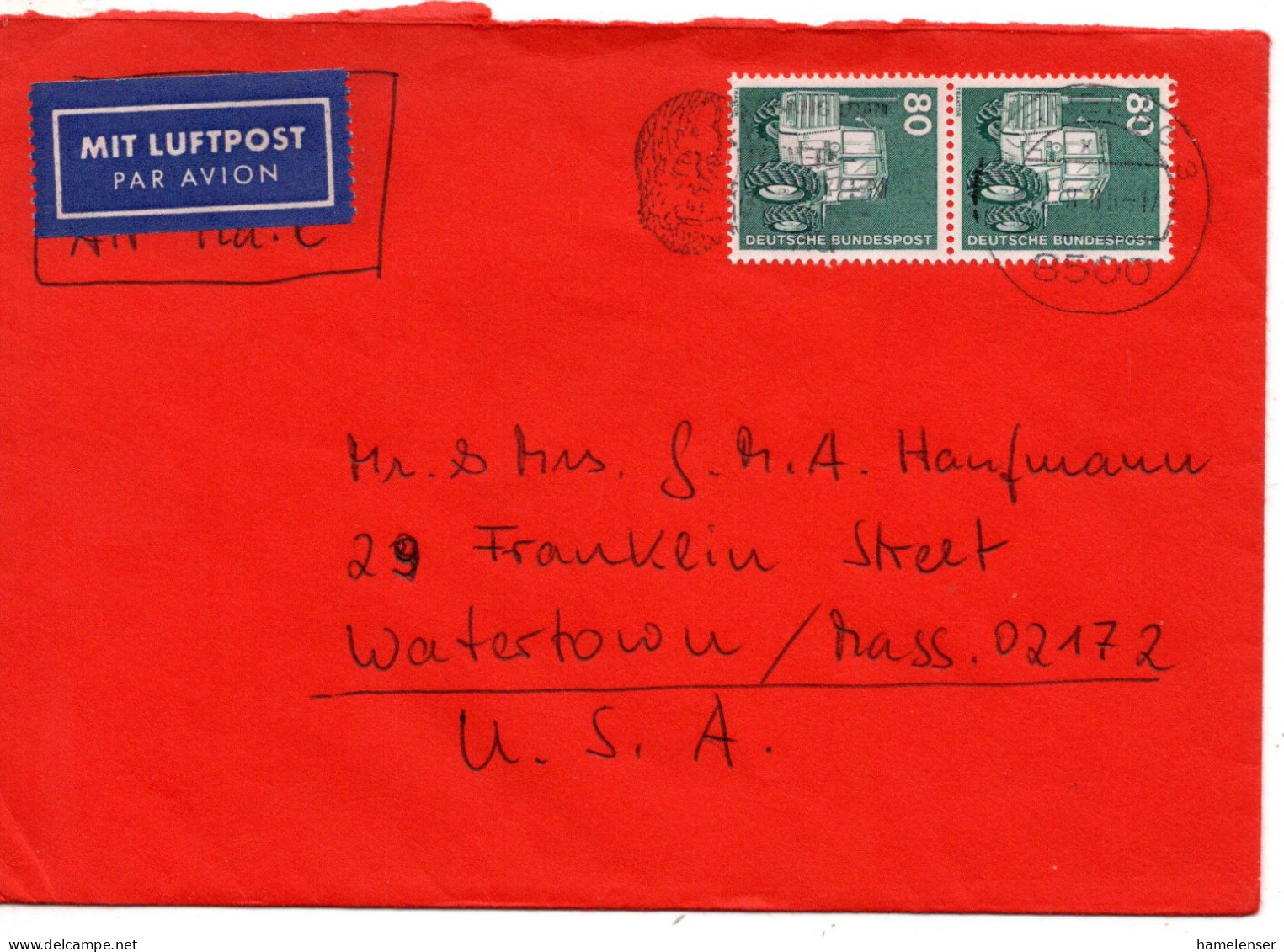 69794 - Bund - 1985 - 2@80Pfg I&T A LpBf (rs Klappe Fehlt) WUERZBURG - ... -> Watertown, MA (USA) - Storia Postale