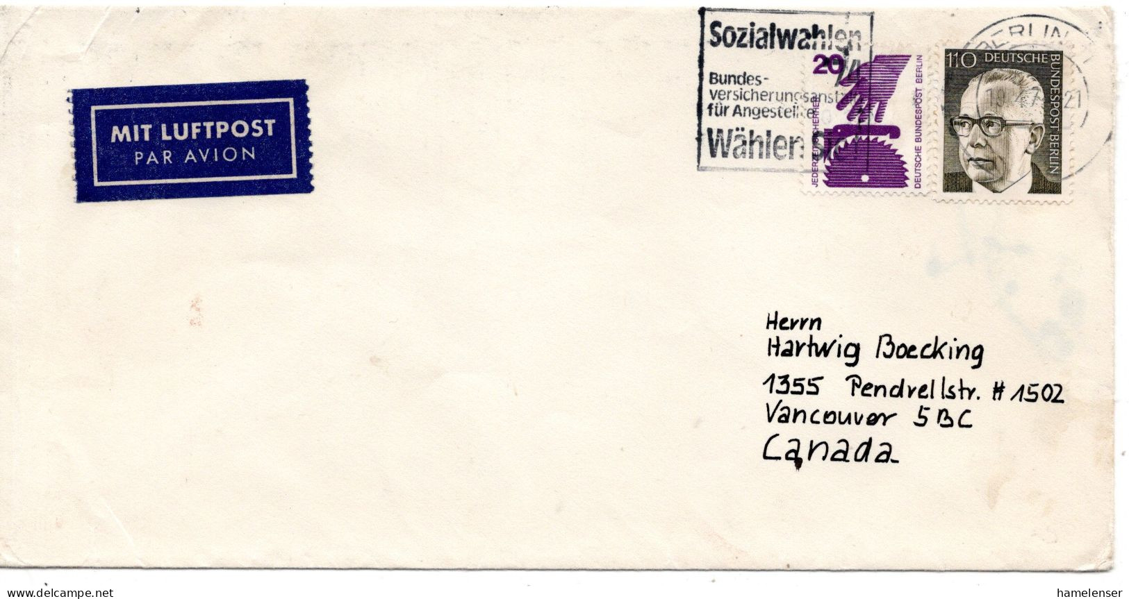 69796 - Berlin - 1974 - 110Pfg Heinemann MiF A LpBf BERLIN - ... -> Vancouver, BC (Canada) - Storia Postale