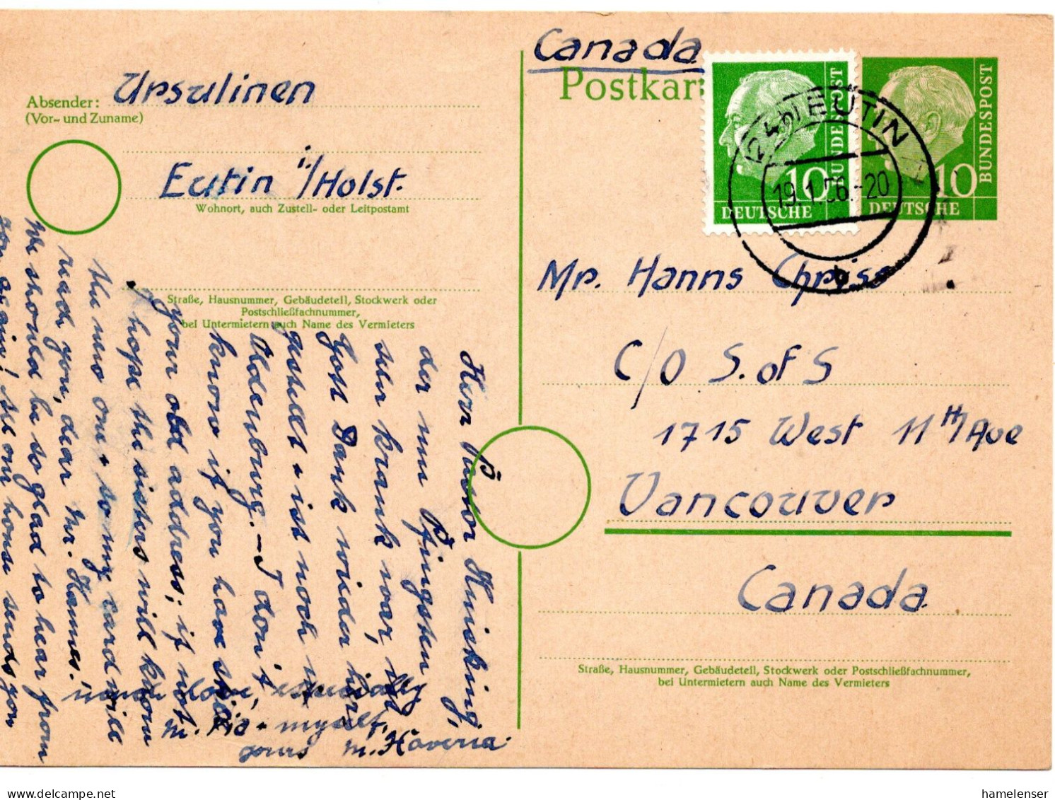 69798 - Bund - 1956 - 10Pfg Heuss I GAKte M ZusFrankatur EUTIN -> Vancouver, BC (Canada) - Covers & Documents