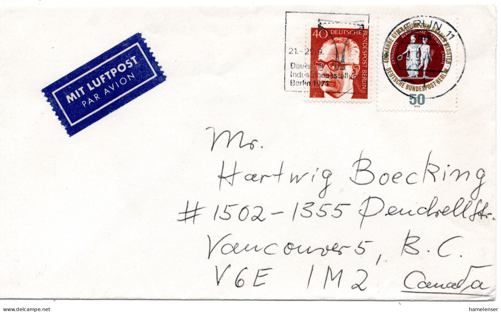 69799 - Berlin - 1974 - 50Pfg Gymnasium MiF A LpBf BERLIN - ... -> Vancouver, BC (Canada) - Storia Postale