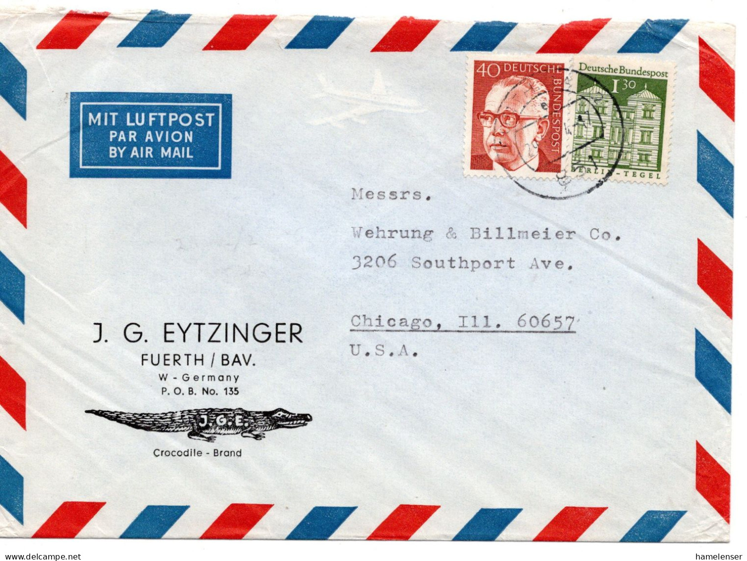 69805 - Bund - 1974 - 1,30DM Gr.Bauten MiF A LpBf FUERTH -> Chicago, IL (USA) - Storia Postale